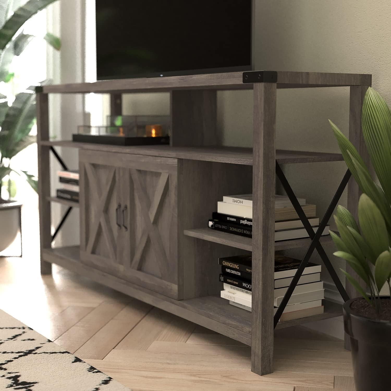 Flash Furniture Wyatt 60" Modern Farmhouse Tall TV Console Cabinet with Storage Cabinets and Shelves for TV's up to 60", Gray Wash