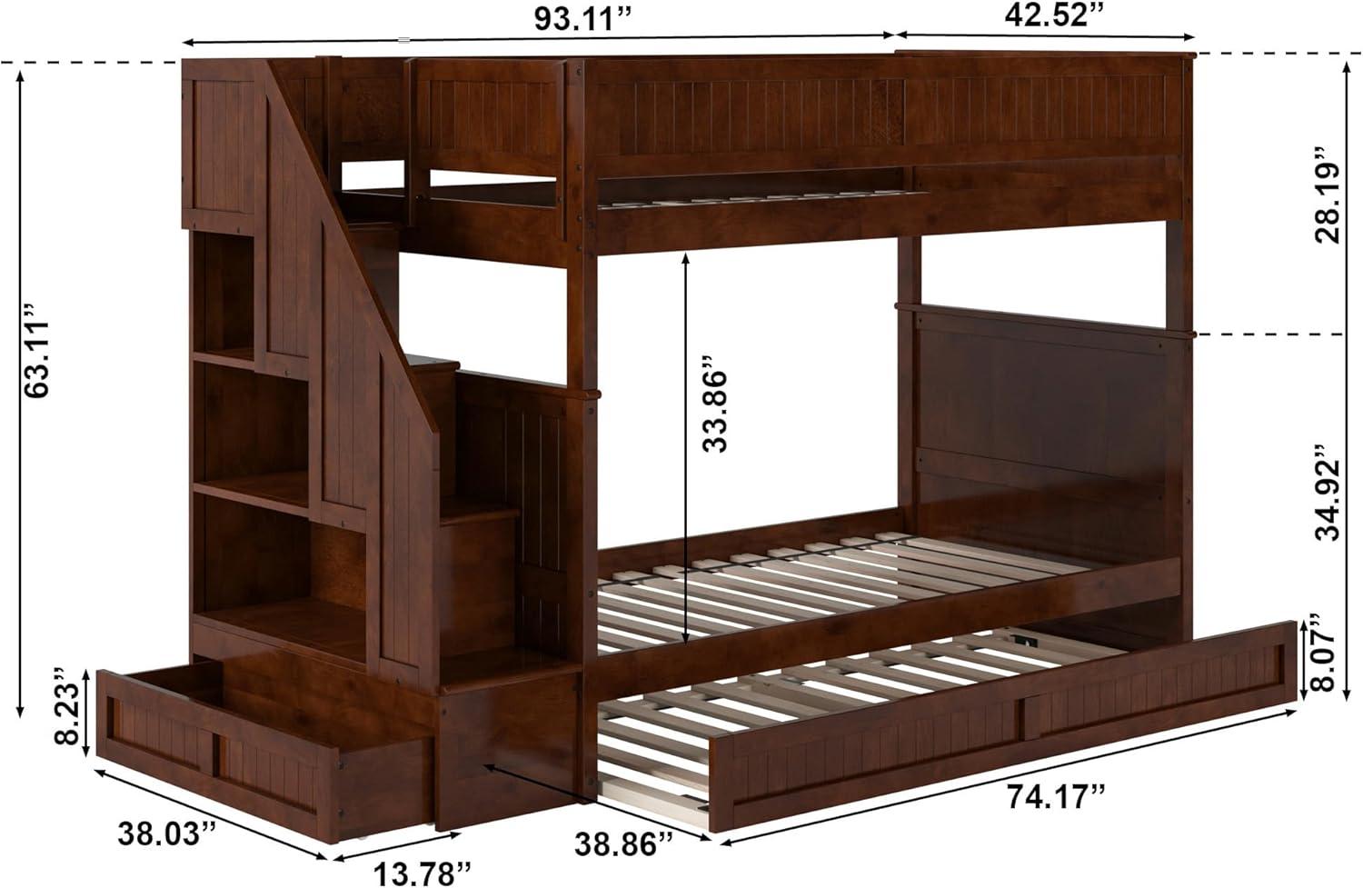Walnut Twin Over Twin Bunk Bed with Storage Drawer and Trundle