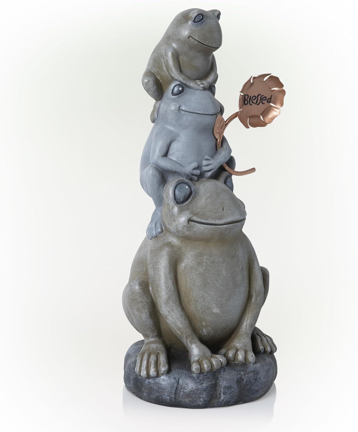 18" Polyresin Stacked Frogs with Flower Indoor/Outdoor Decorative Garden Statue Heathered Gray/Olive Green - Alpine Corporation