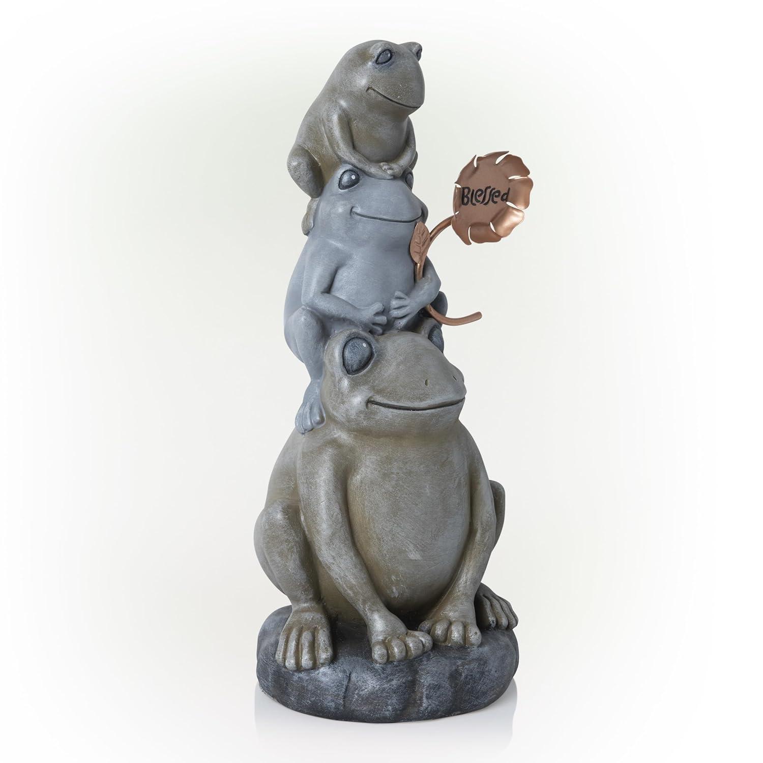 18" Polyresin Stacked Frogs with Flower Indoor/Outdoor Decorative Garden Statue Heathered Gray/Olive Green - Alpine Corporation