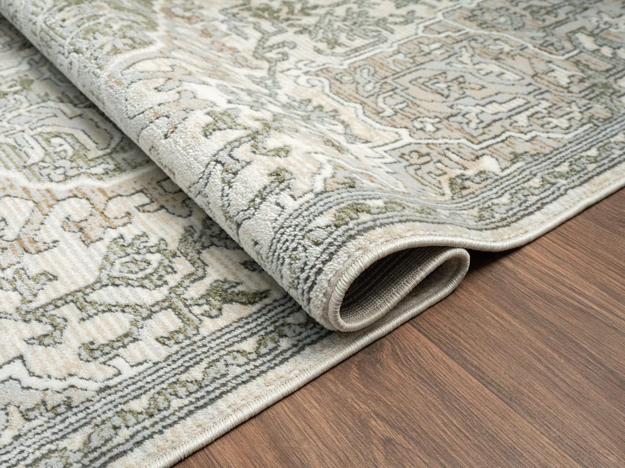 Green and Beige Medallion Synthetic Area Rug for Kids