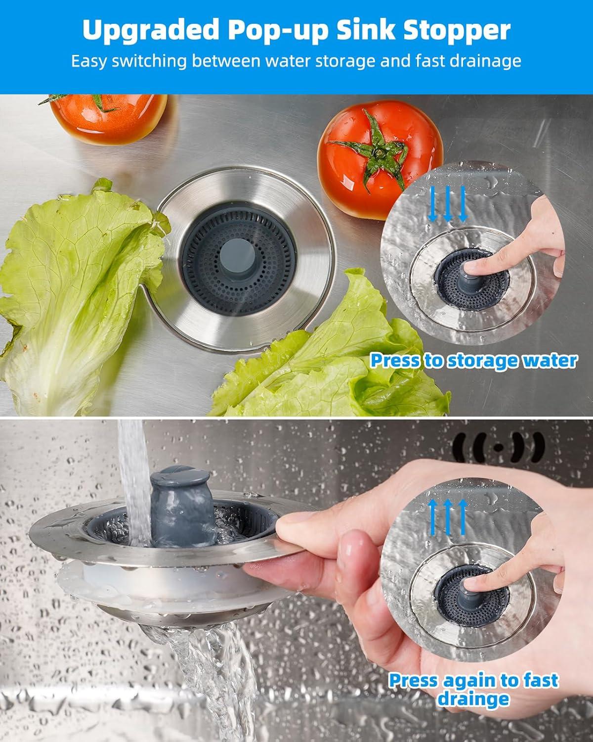 Hibbent 3-in-1 Kitchen Sink Drain Strainer  Stopper , Stainless Steel Pop-Up Design, Anti-Clogging Metal Basket with Handle, Compatible with US Standard 3-1/2" Drain