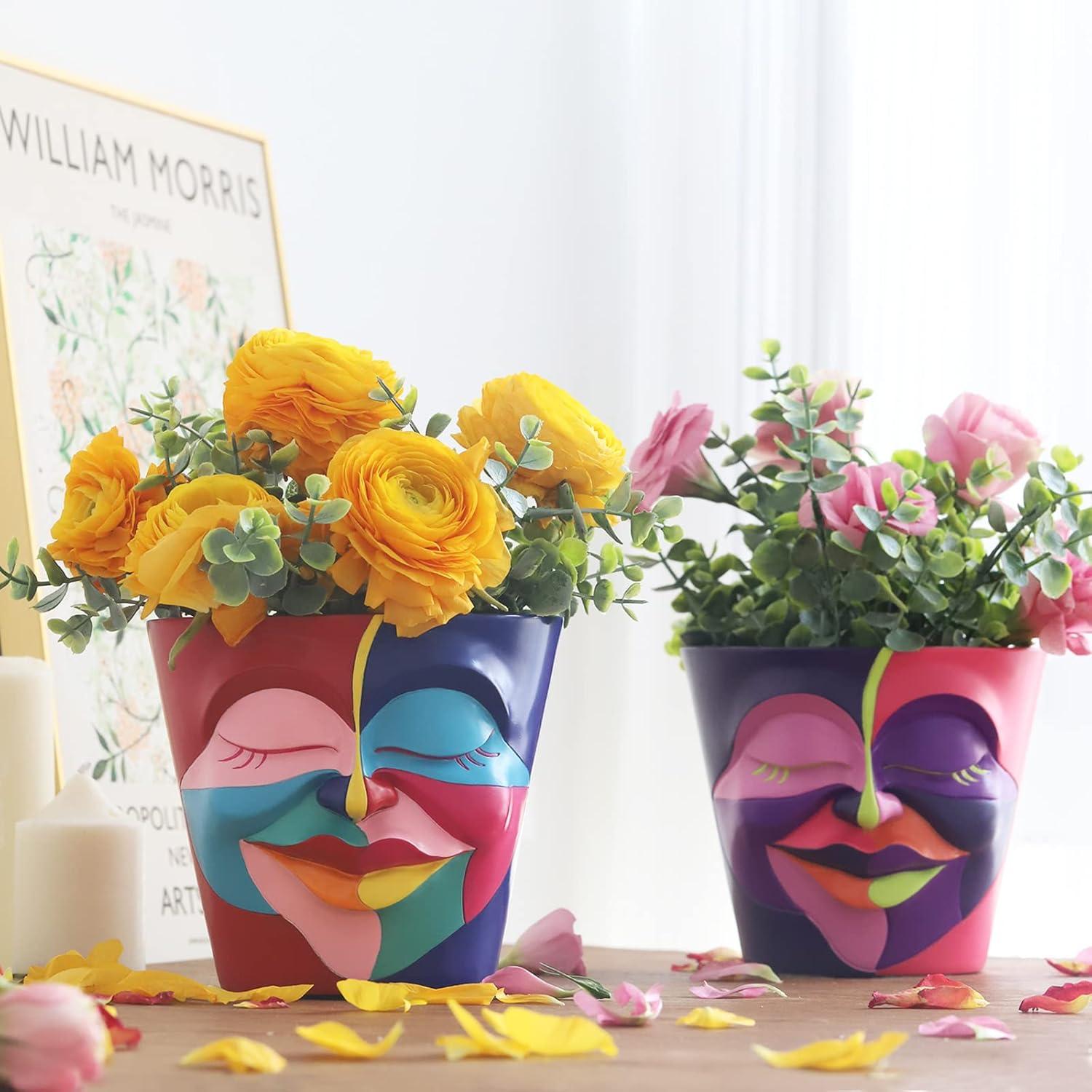 Colorful Abstract Face Planter with Drainage for Indoor and Outdoor Use