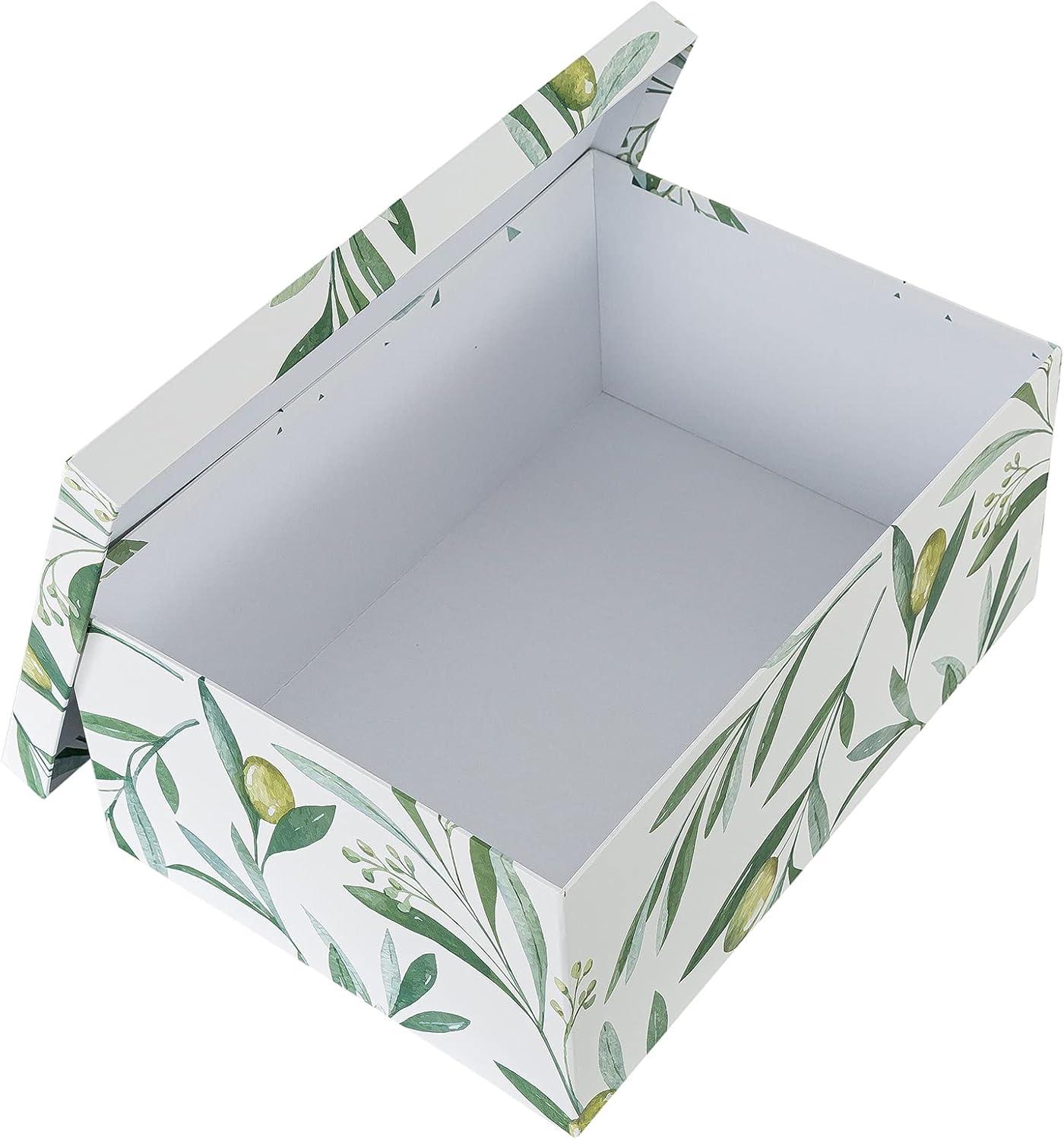 Soul & Lane Olive Branches Cardboard Boxes - Set of 3: Botanical Themed Wedding Favor Bins, Paperboard Photo Storage Box, Flower Decorative Storage Boxes with Lids, Green and White Gift Bins