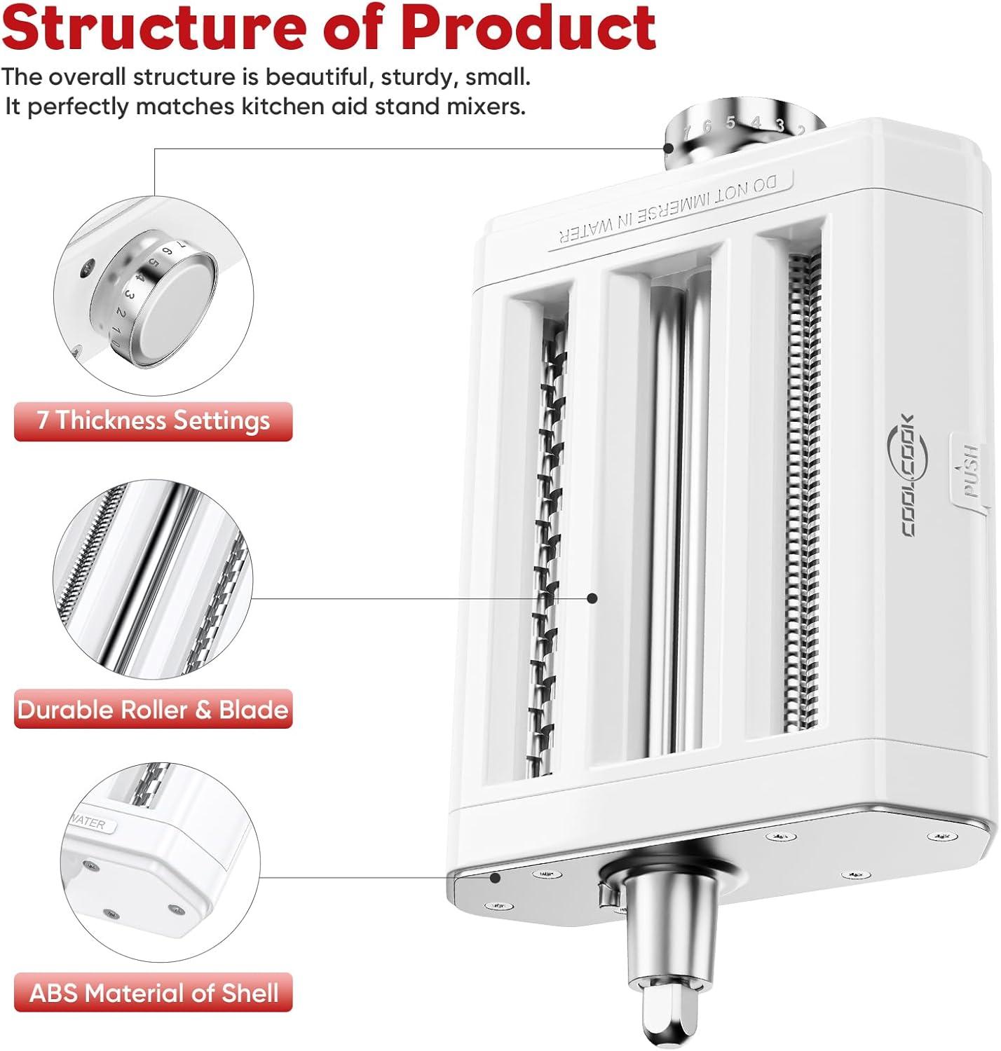 Pasta Maker Accessories Mixers 3 in 1 Set for KitchenAid Stand Mixer Attachments Include Pasta Roller, Spaghetti,Fettuccine Cutter, 8 Adjustable Thickness Settings，Pasta Maker Attachment