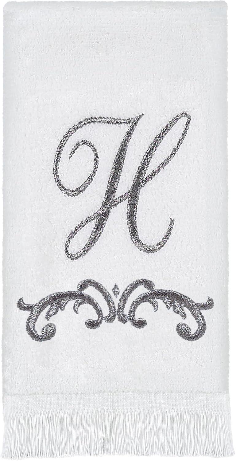 White Cotton Monogrammed Fingertip Towel with Pewter Embroidery