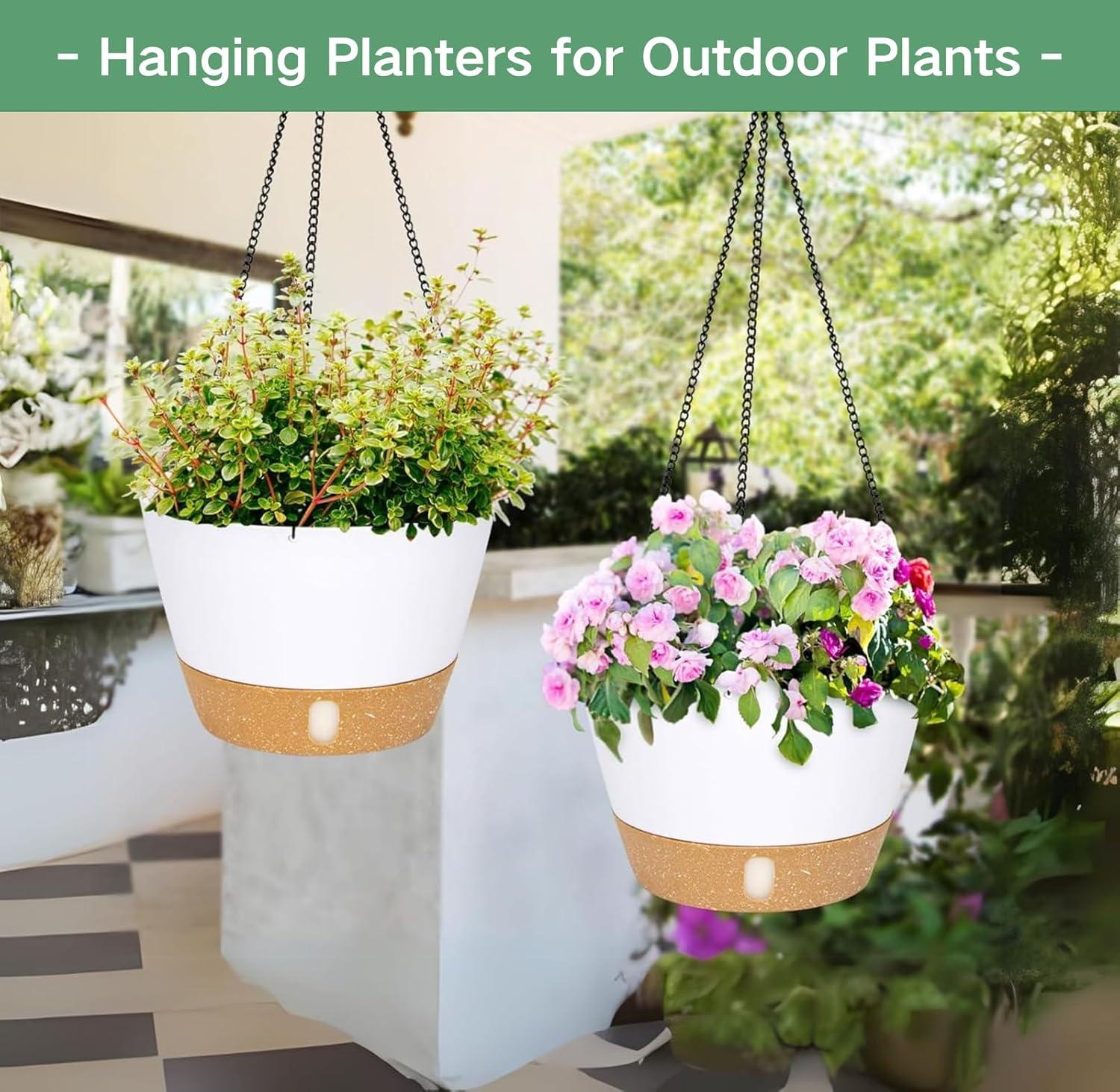QCQHDU 2 Pack 10 inch White Plastic Hanging Planters with 3 Hooks, Hanging Plant Pot Basket with Drainage Hole for Garden Home