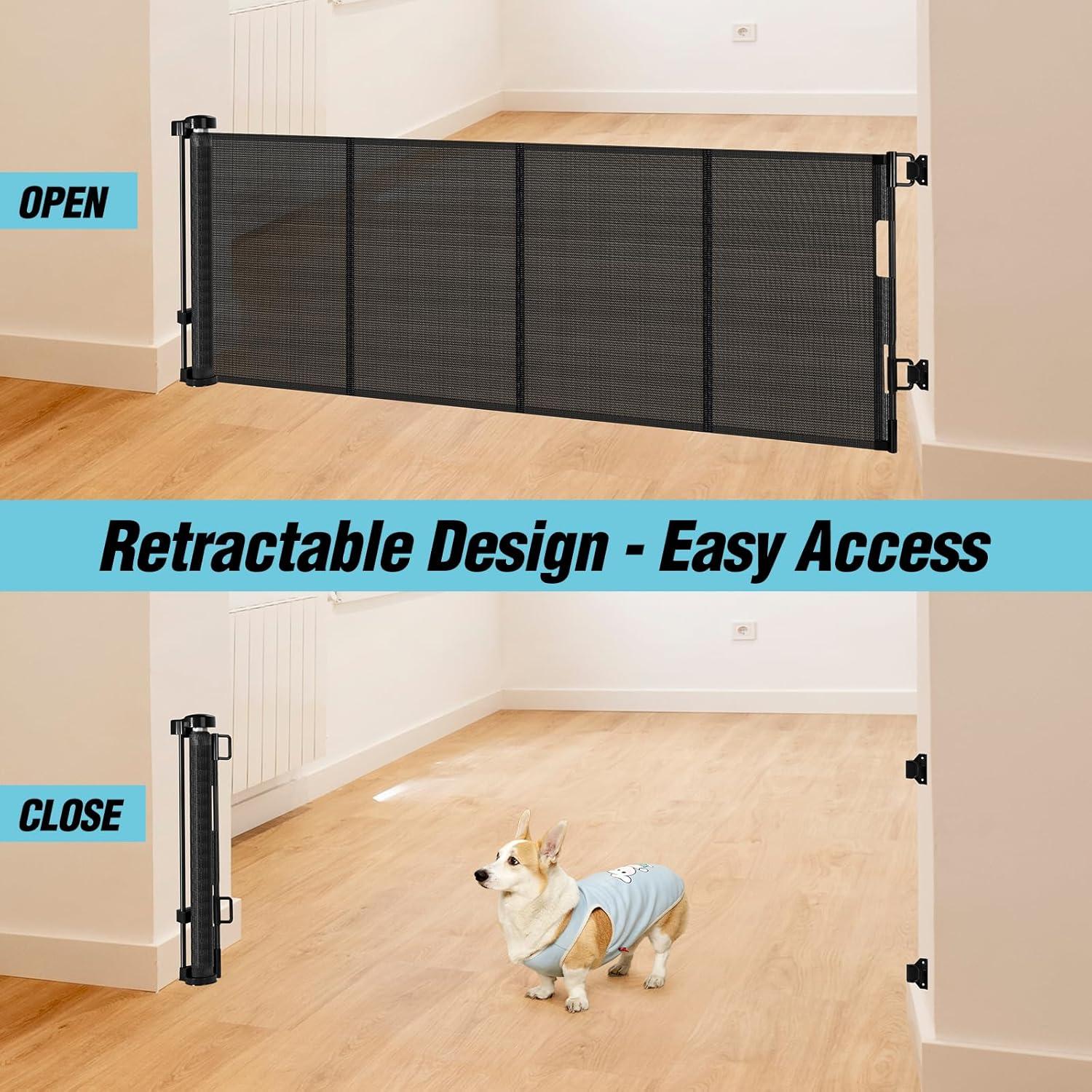 24 Inches Tall Retractable Baby Gates for Doorways, Short Dog Gates to Step Over, Extends up to 55" Wide, Reinforced Mesh Baby Gate for Kids or Pets, Gates Puppy Gates for The House (Black)