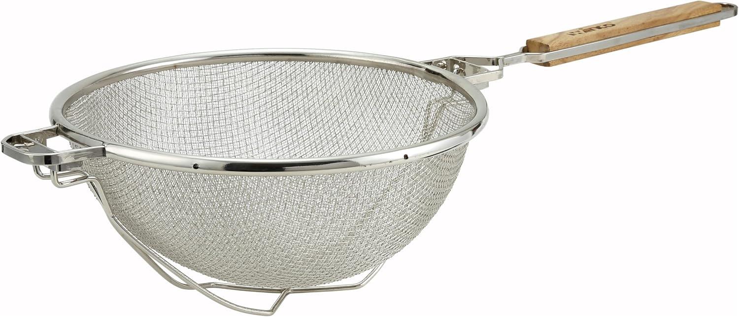 Winco Reinforced Double Mesh Strainer, Flat Handle, Stainless Steel, 10.5" dia