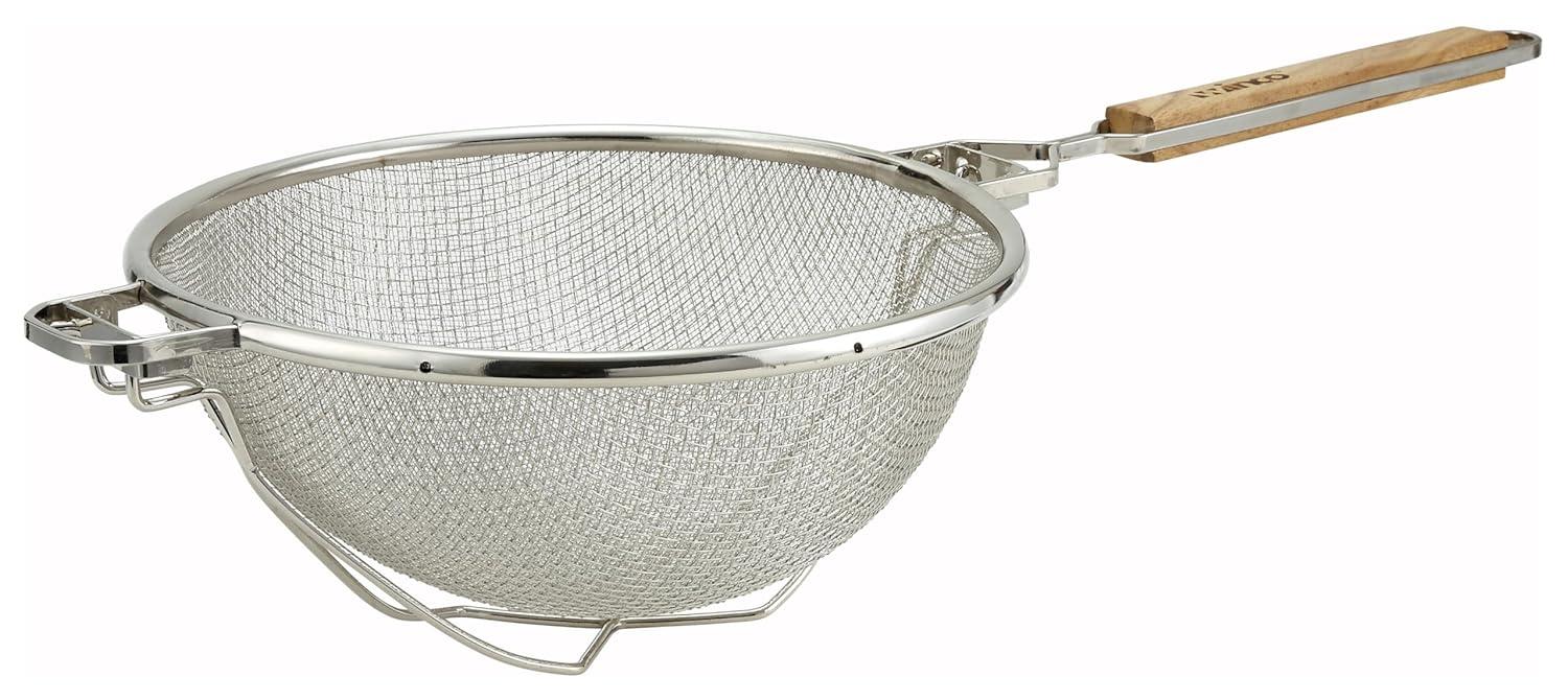 Winco Reinforced Double Mesh Strainer, Flat Handle, Stainless Steel, 10.5" dia