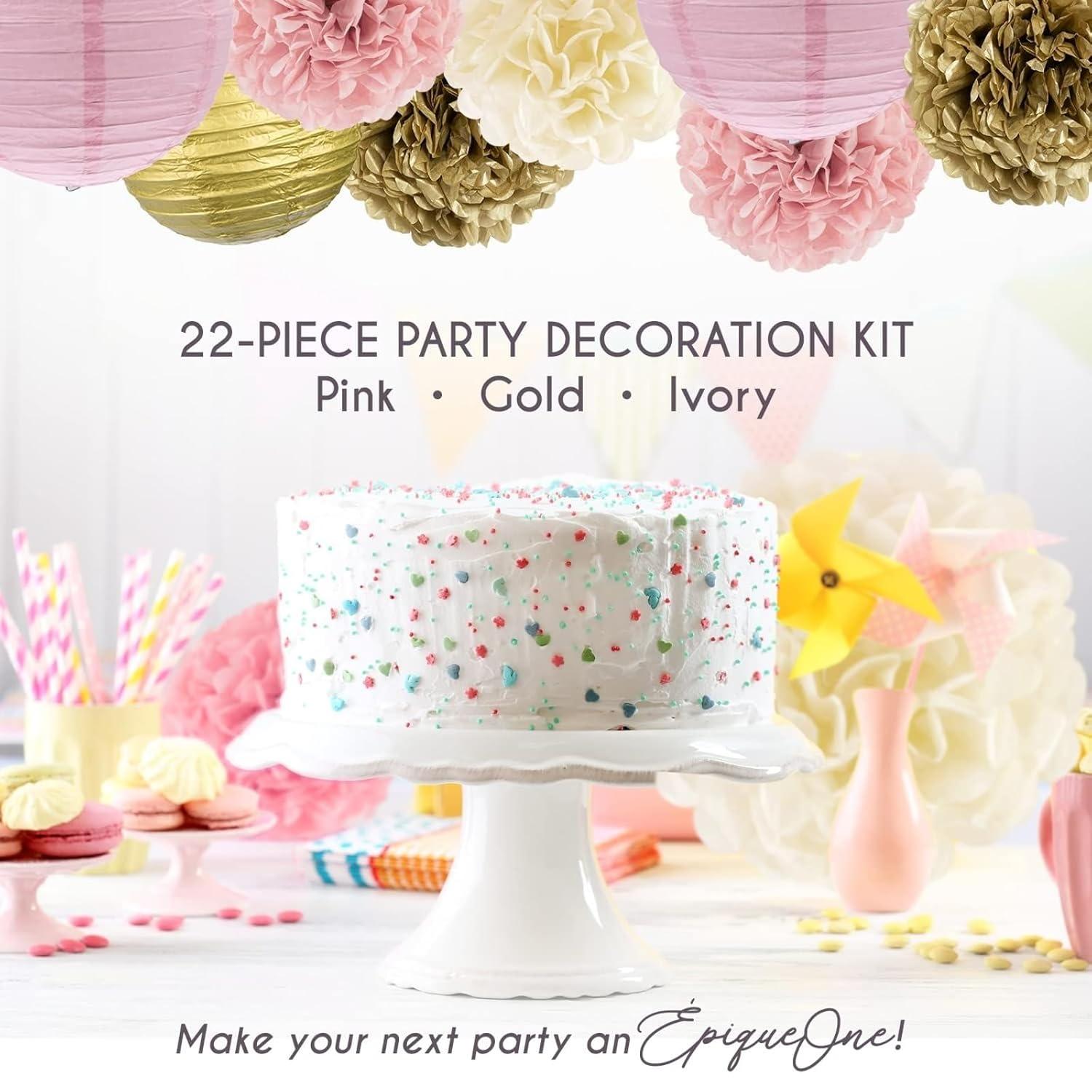 EpiqueOne 22pc Pink, Gold, and Ivory Decorative Party Decoration Kit with Paper Pom Poms and Lanterns