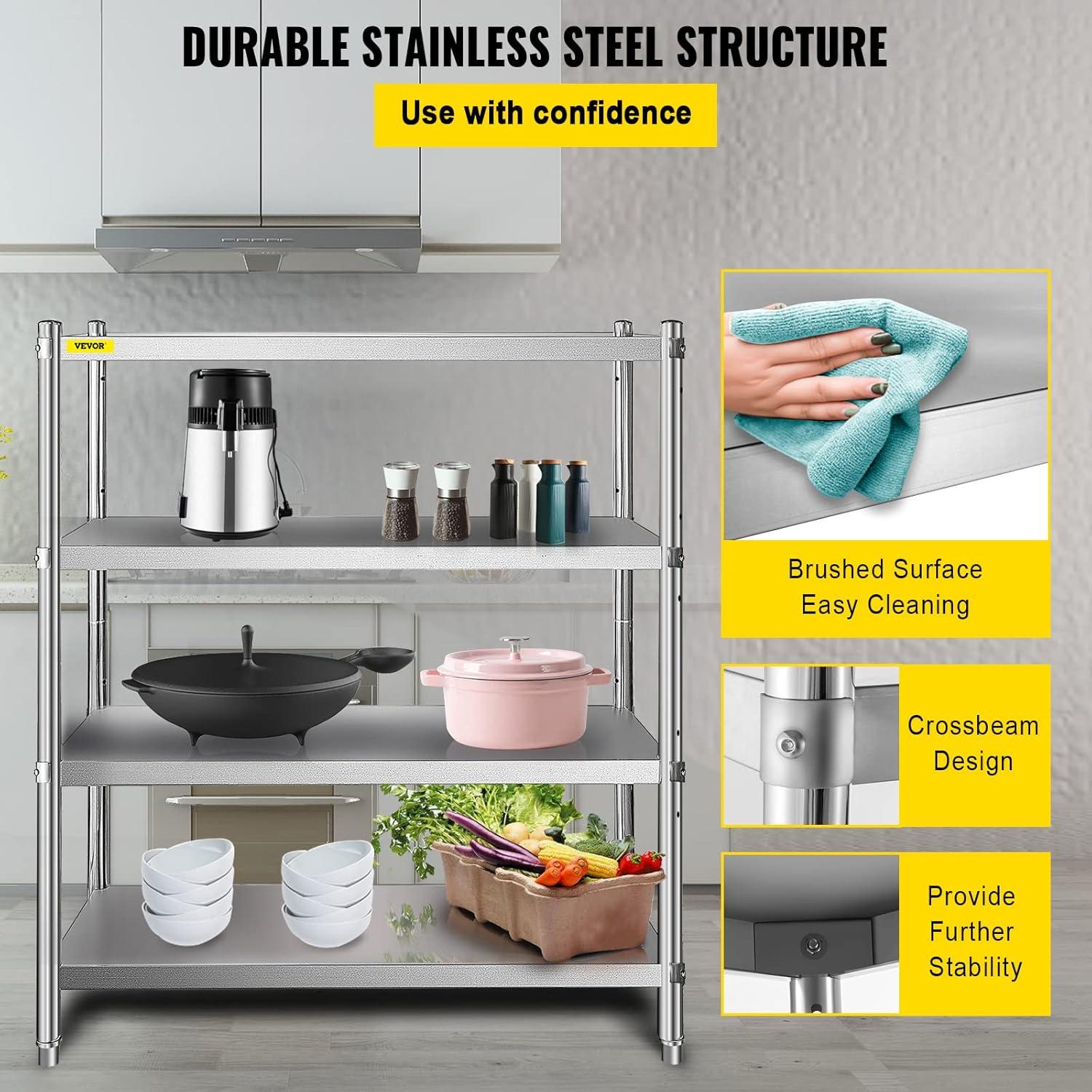 VEVORbrand Stainless Steel Shelving 46.8x18.5 inch 4 Tier Adjustable Shelf Storage Unit Stainless Steel Heavy Duty Shelving for Kitchen Commercial Office Garage Storage 330lb Per Shelf