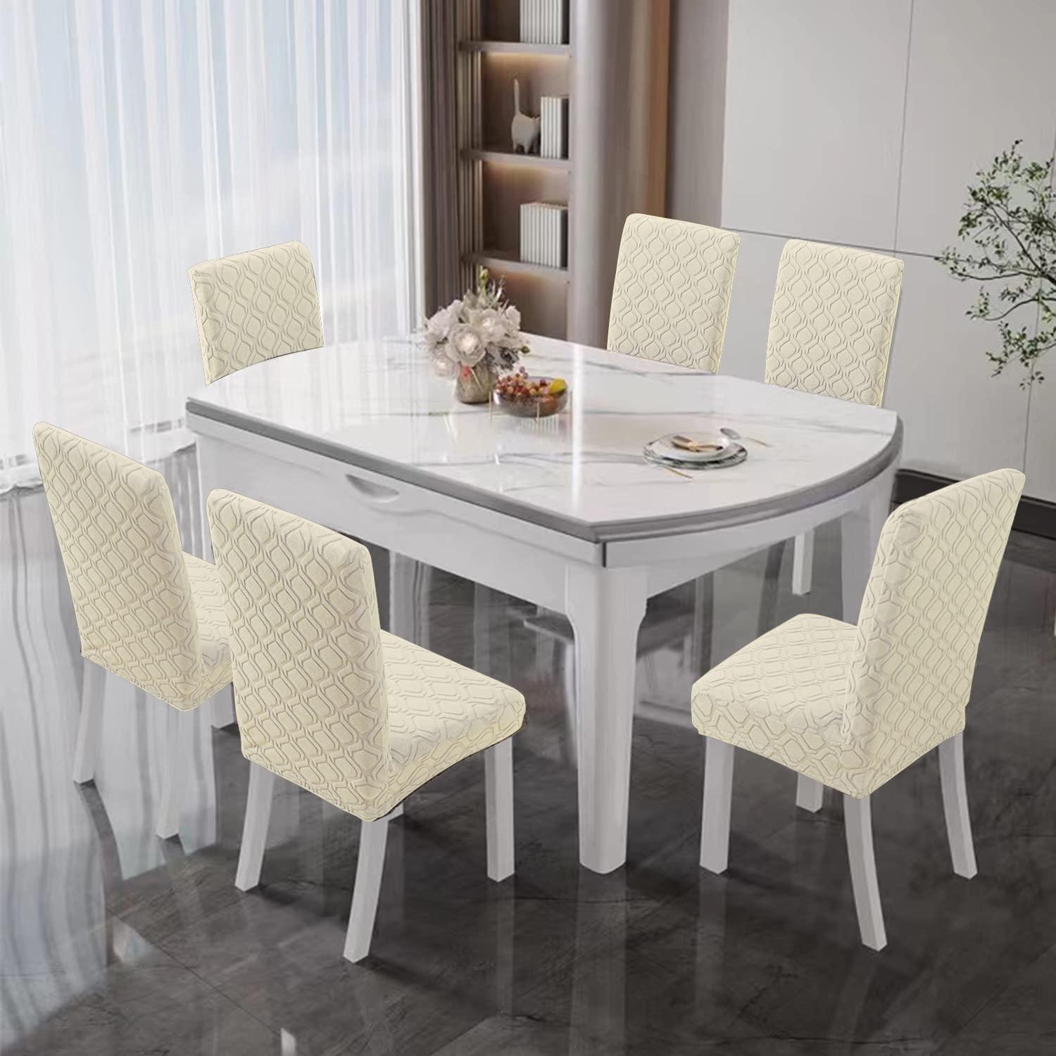 Beige Stretch Jacquard Dining Chair Covers, Set of 4