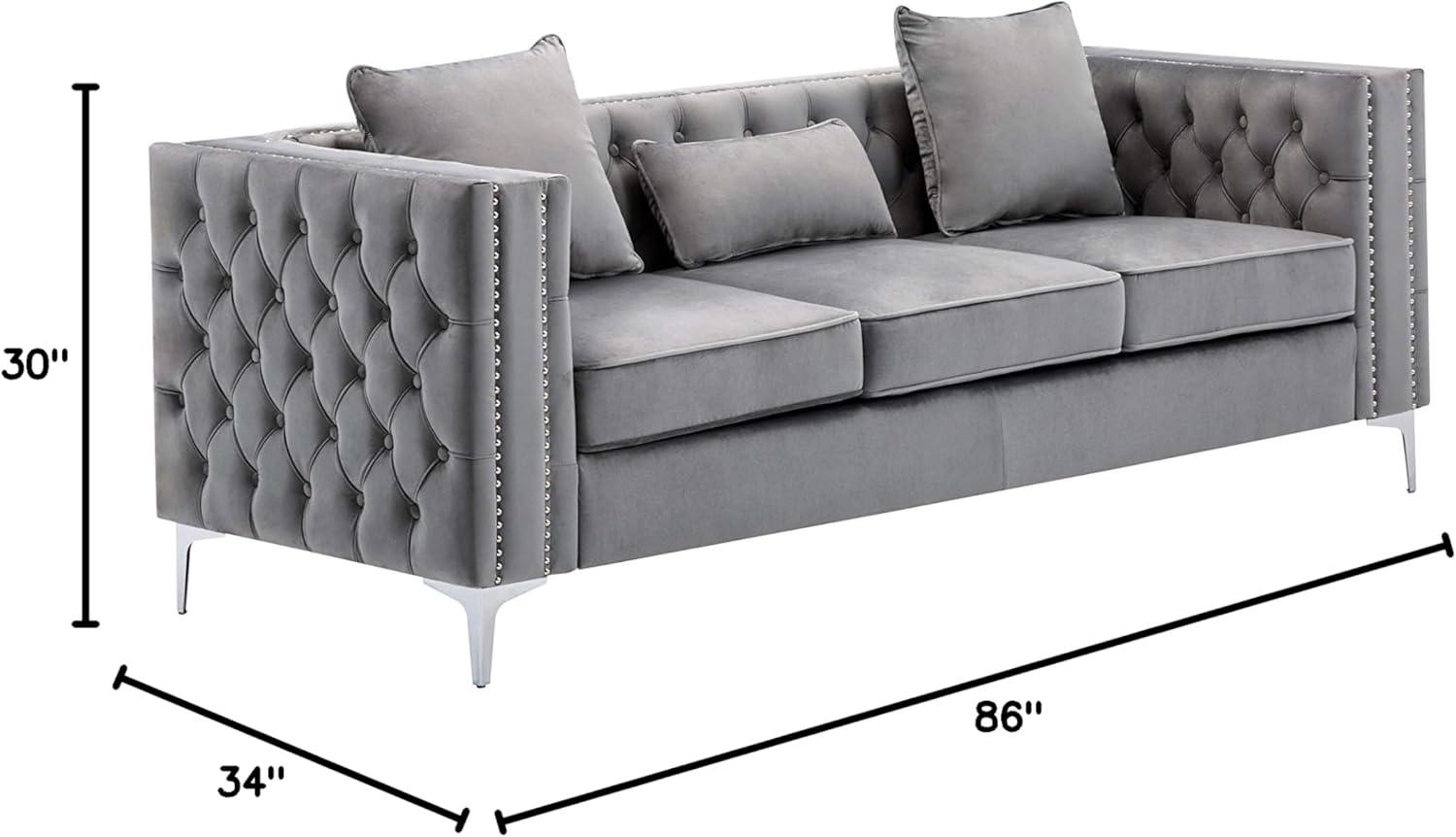 Lorreto 86" Gray Velvet Tufted Sofa with Nailhead Trim