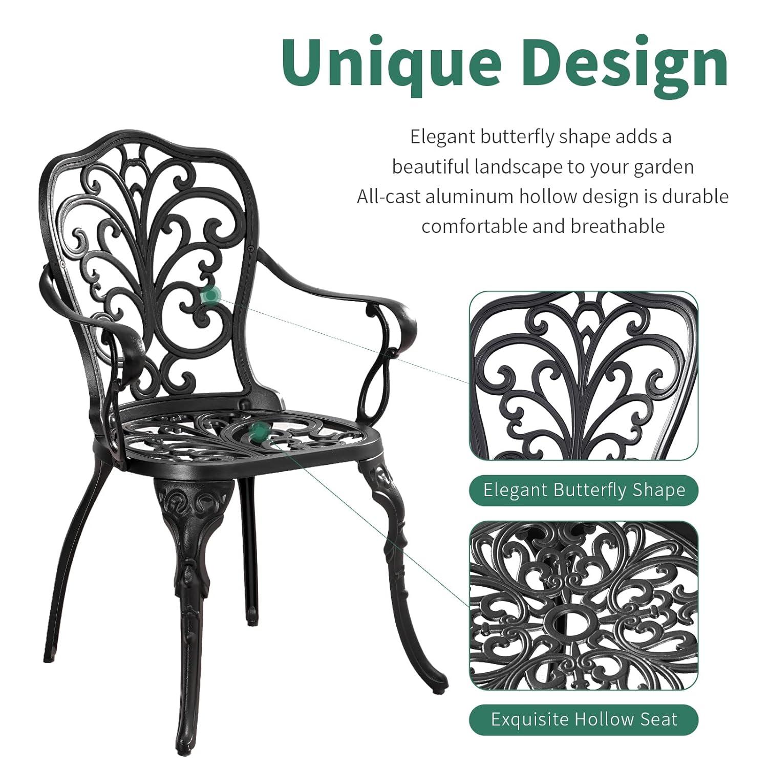 PATIO-IN 3 Piece Bistro Set Cast Aluminum Bistro Table and Chairs Set of 2 with Umbrella Hole,Patio Furniture Sets for Front Porch,Garden