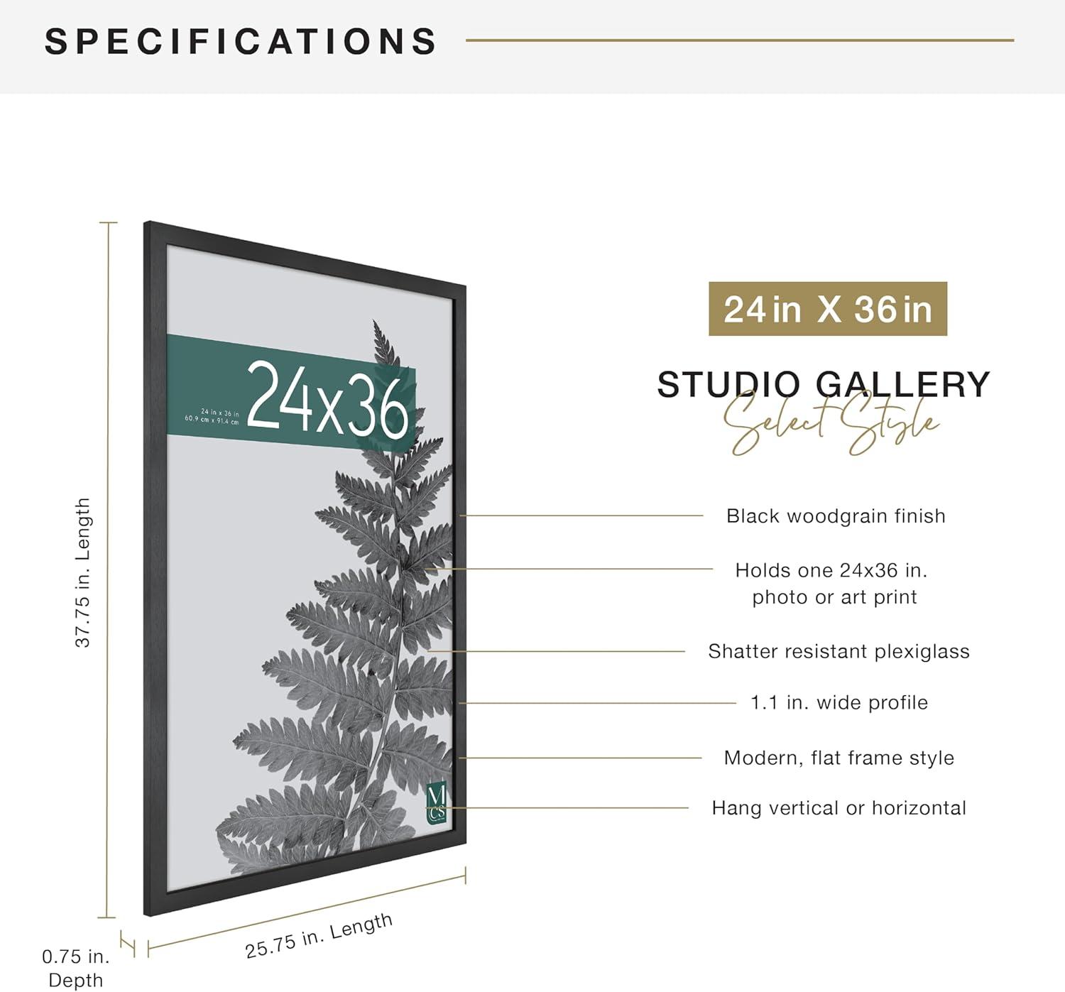MCS Studio Gallery 24x36 Poster Frame Black Woodgrain, Vertical & Horizontal Wall Hanging Large Picture Frame for Photos, Posters & Art Prints (1-Pack)