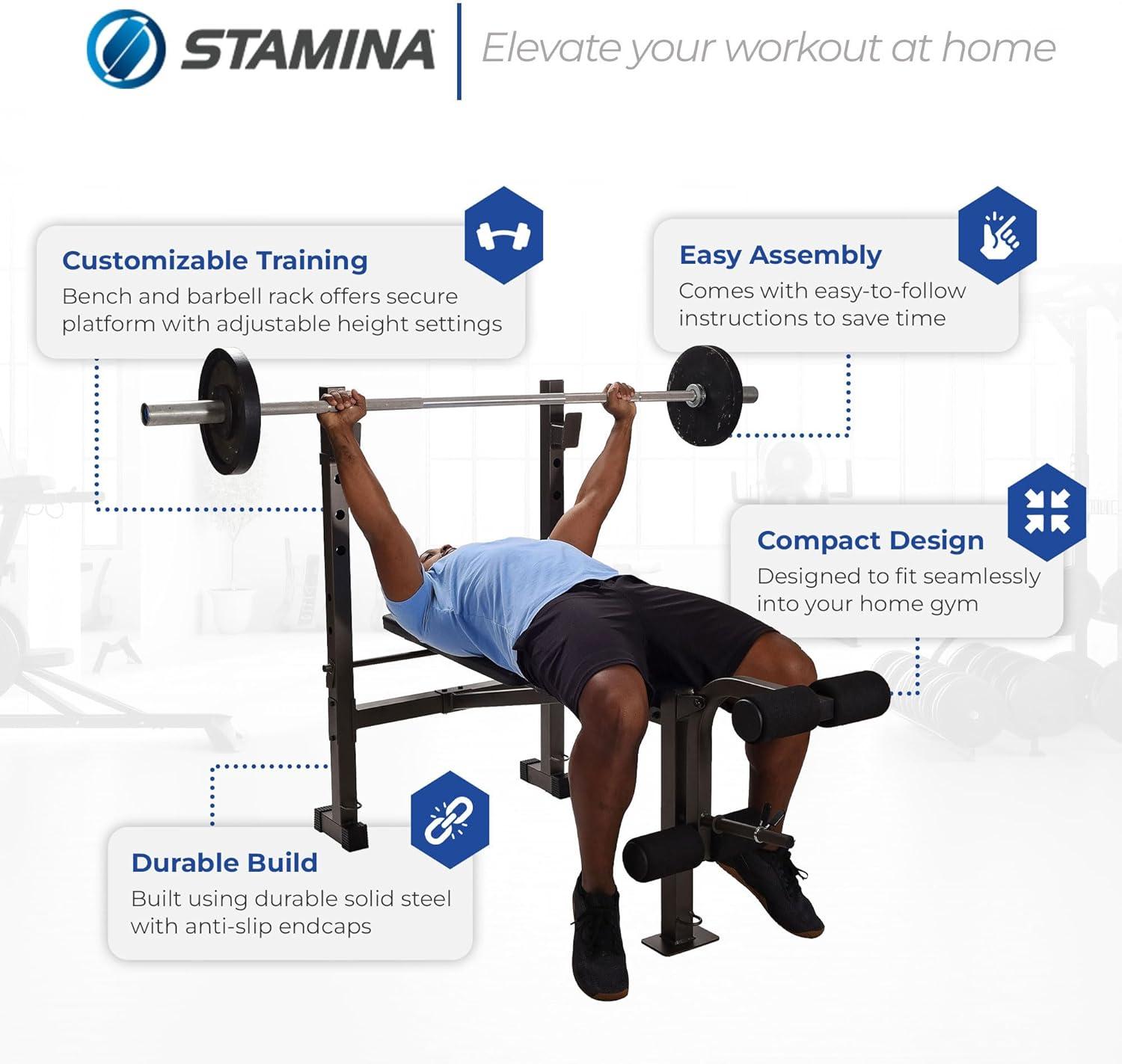 Stamina Adjustable Steel Weights Bench and Barbell Rack Combo Set with Resistance Band Anchor Points for Home Gym Workout or Exercise Equipment, Black