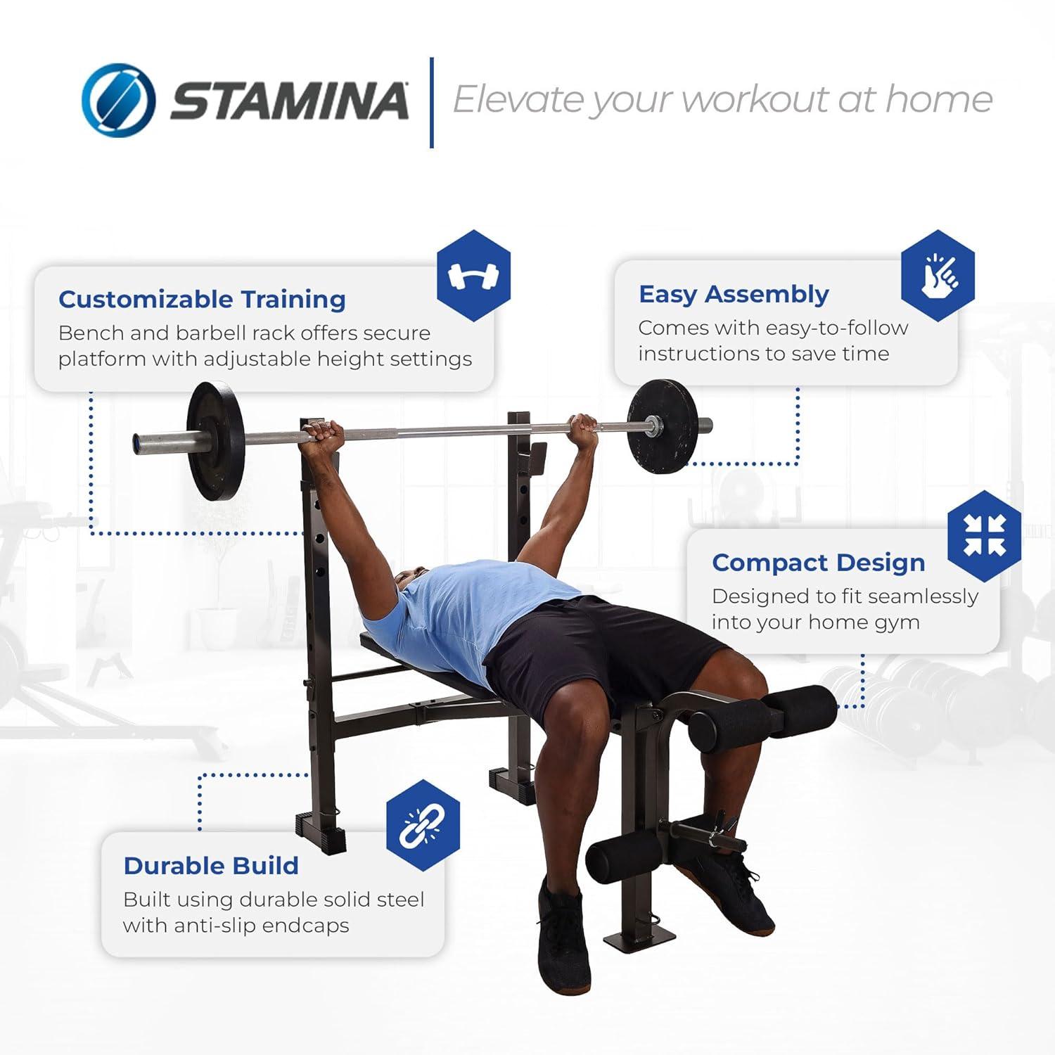 Stamina Adjustable Steel Weights Bench and Barbell Rack Combo Set with Resistance Band Anchor Points for Home Gym Workout or Exercise Equipment, Black