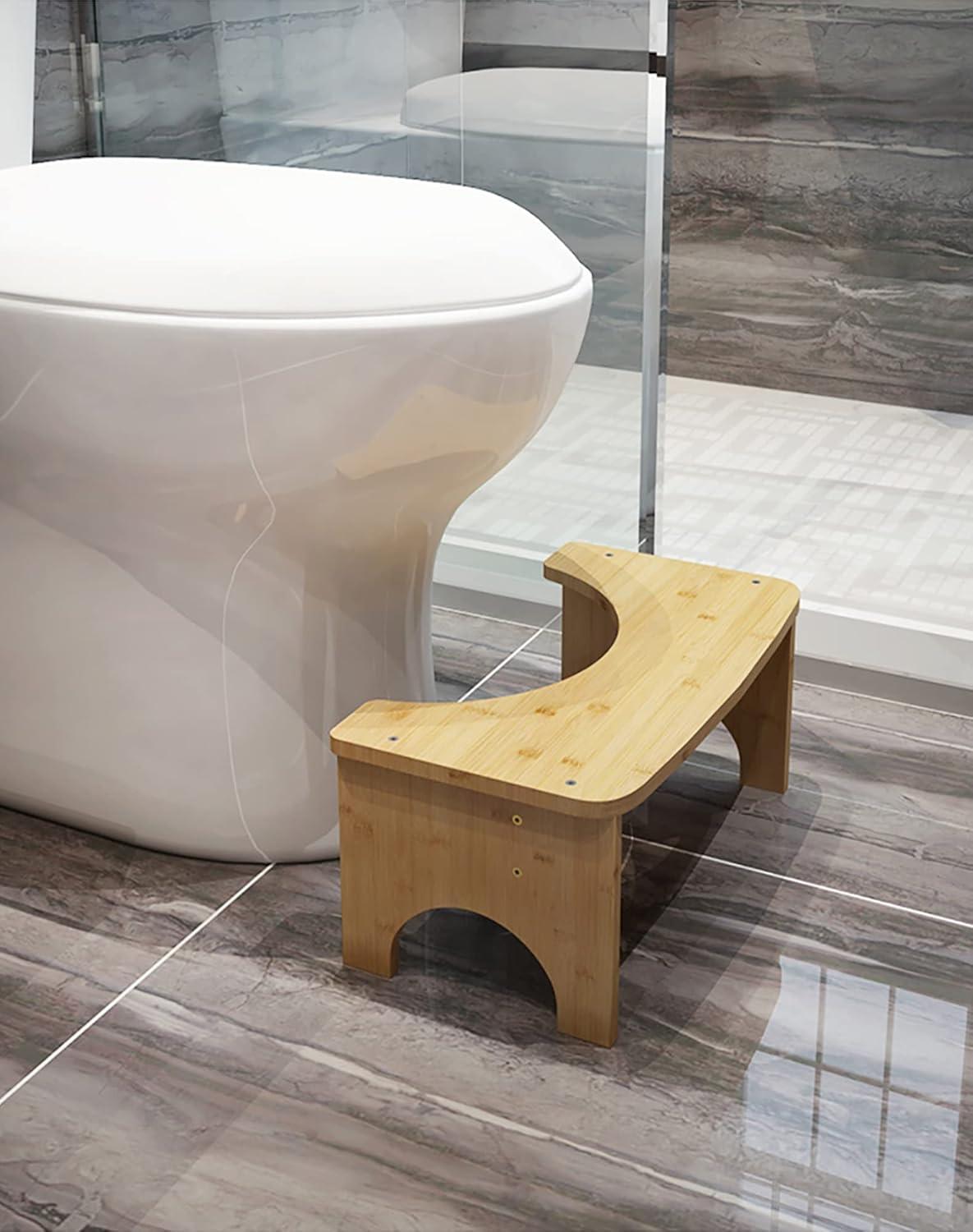 Bamboo Toilet Stool for Adults, 6.5" Toilet Stool Squat Adult Kids, Portable Simple Curve Squat Toilet Potty Stool, Non-Slip Poop Stool for Bathroom, Improve Squatting Posture and Comfort (Wood)