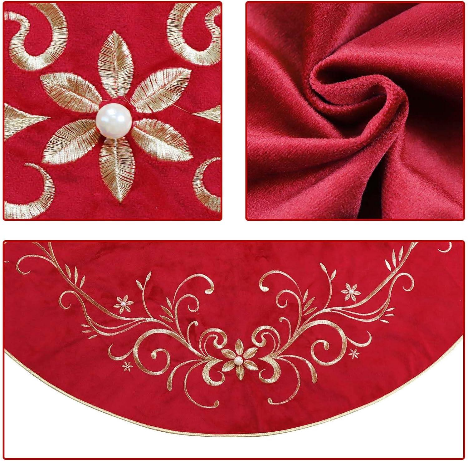 Red Velvet Fur 48'' Christmas Tree Skirt with White Trim