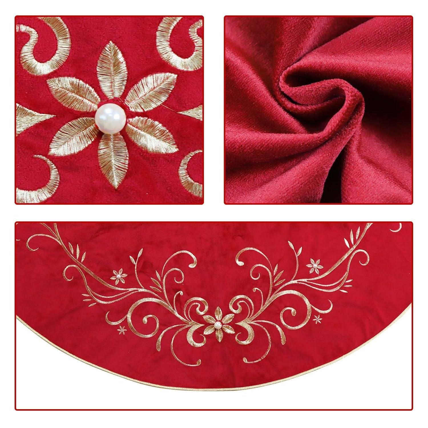 Christmas Tree Skirt, 48 inches Red Luxury Velvet Plush Fur Skirts with Gold Embroidered Holly Leaf for Rustic Xmas Tree Holiday Decorations