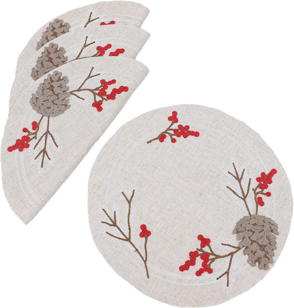 Natural Linen Christmas Pine Cone Embroidered Placemats, Set of 4