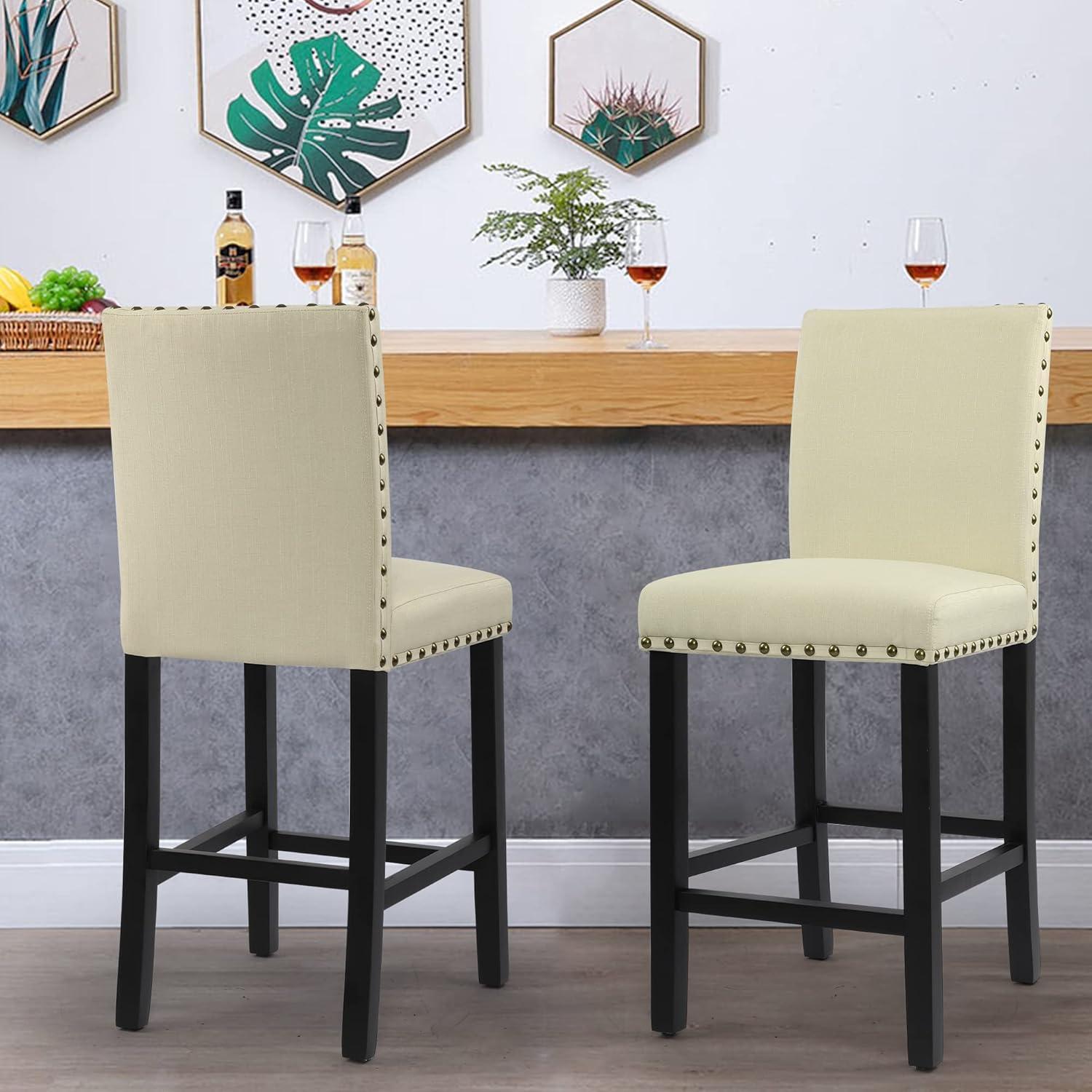 GOTMINSI Nailhead 24 Inches Counter Height Stools Upholstered Bar Stools with Solid Wood Legs, Set of 2 (Beige)