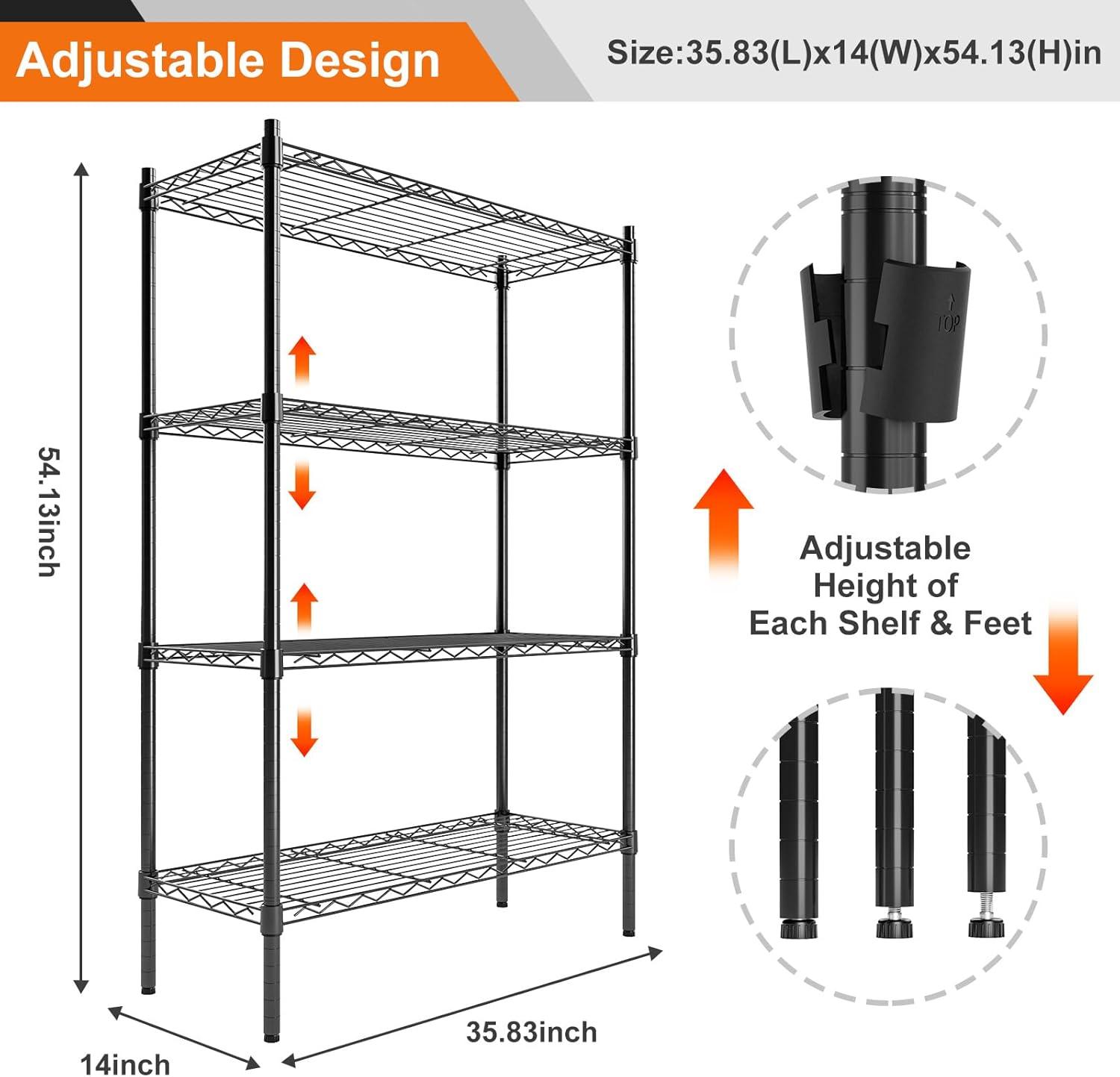 4-Tier Metal Storage Shelving, Adjustable Shelves Unit Heavy Duty Standing Shelf Organizer for Kitchen, Closet, Pantry, Garage, Bathroom, Laundry