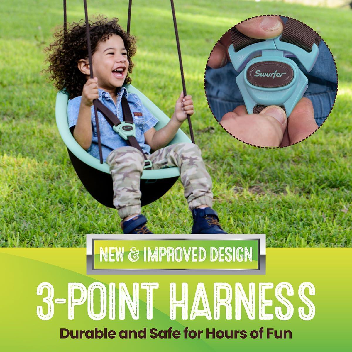 Swurfer Kiwi Toddler Swing – Comfy Baby Swing Outdoor, 3-Point Adjustable Safety Harness, Safe Quick Click Locking System, Foam-Lined Shell, Blister-Free Rope, Easy Installation, Age 9 Months and Up