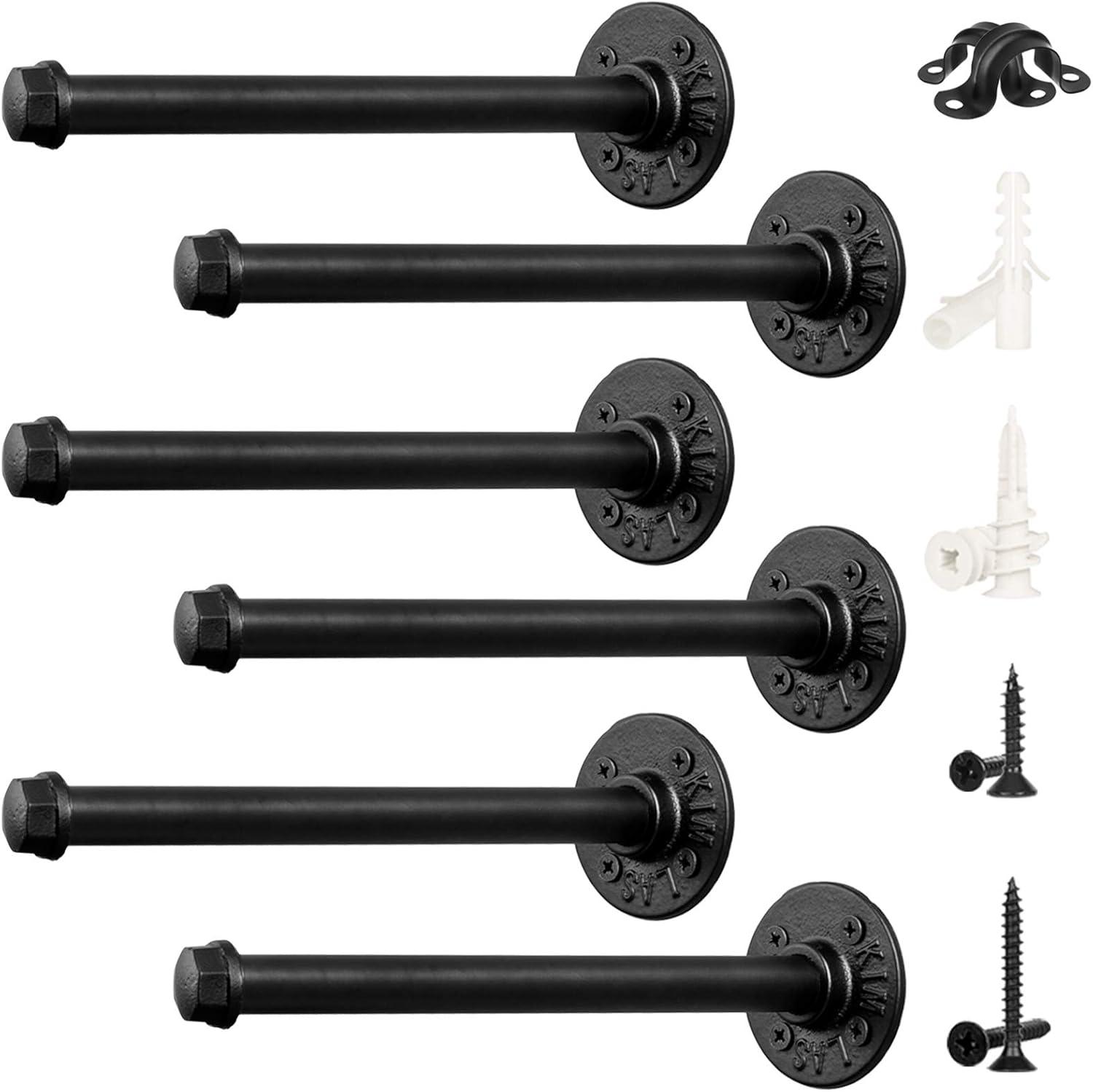 Black Industrial Iron Pipe Wall-Mounted Shelf Brackets, 10 Inches, Set of 6