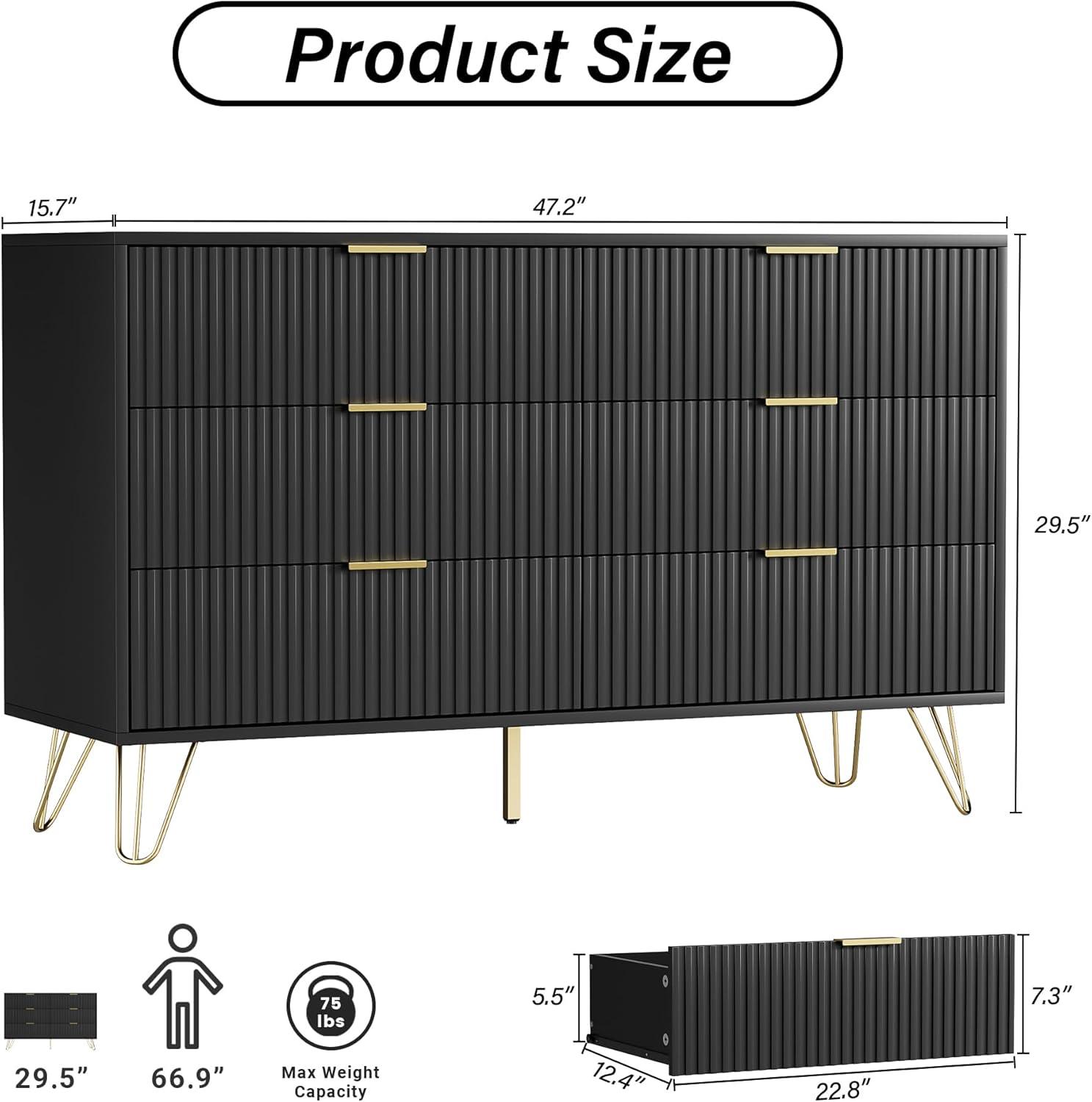 Black Dresser, Modern 6-Drawer Dresser for Bedroom with Gold Handles, Wide Chest of Drawers for Living Room