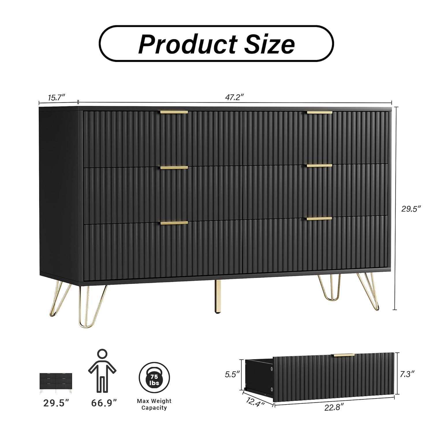 Black Dresser, Modern 6-Drawer Dresser for Bedroom with Gold Handles, Wide Chest of Drawers for Living Room