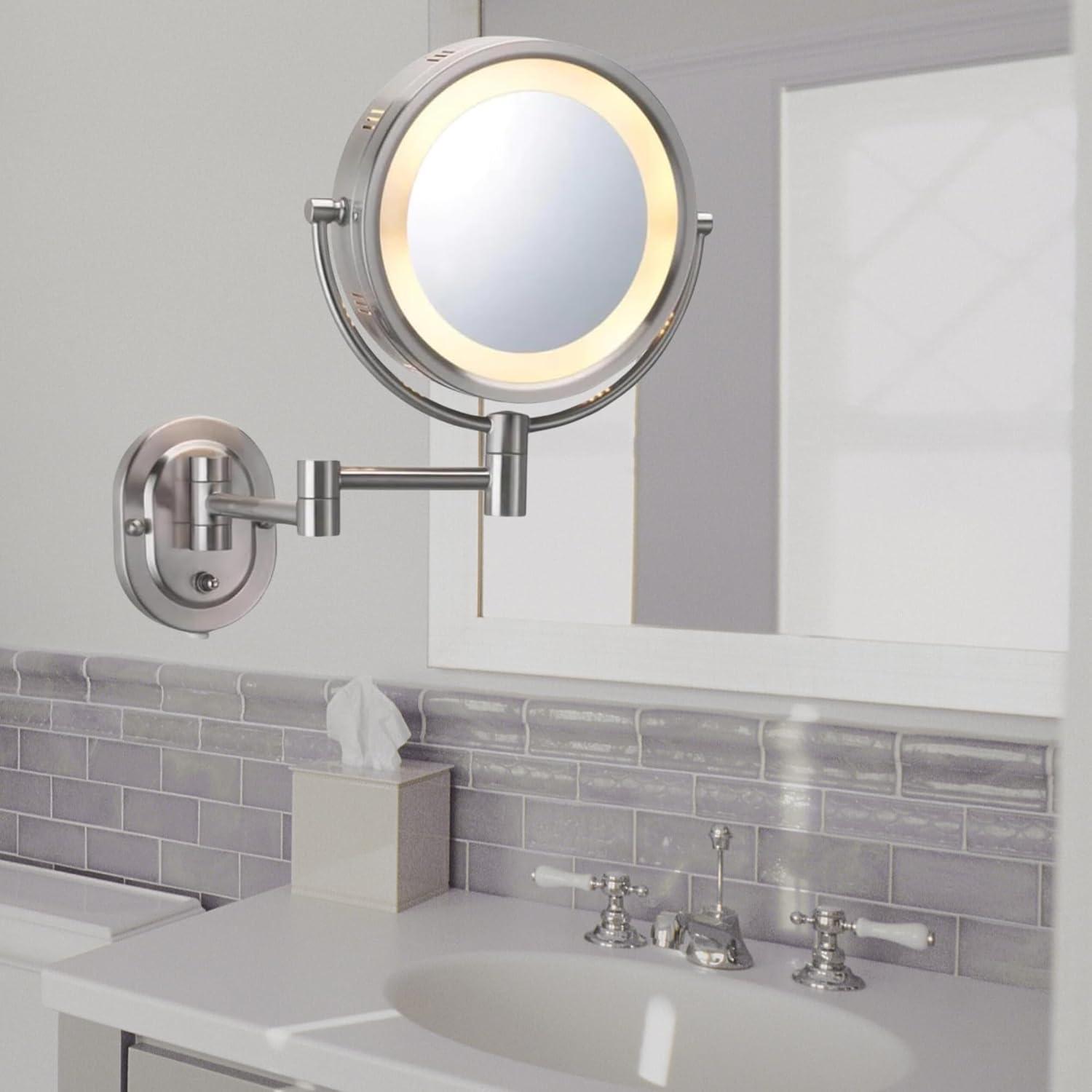Jerdon 8-inch Two-Sided Lighted Makeup Mirror, 5X-1X Magnification - Plug in - Nickel Finish - Model HL65N