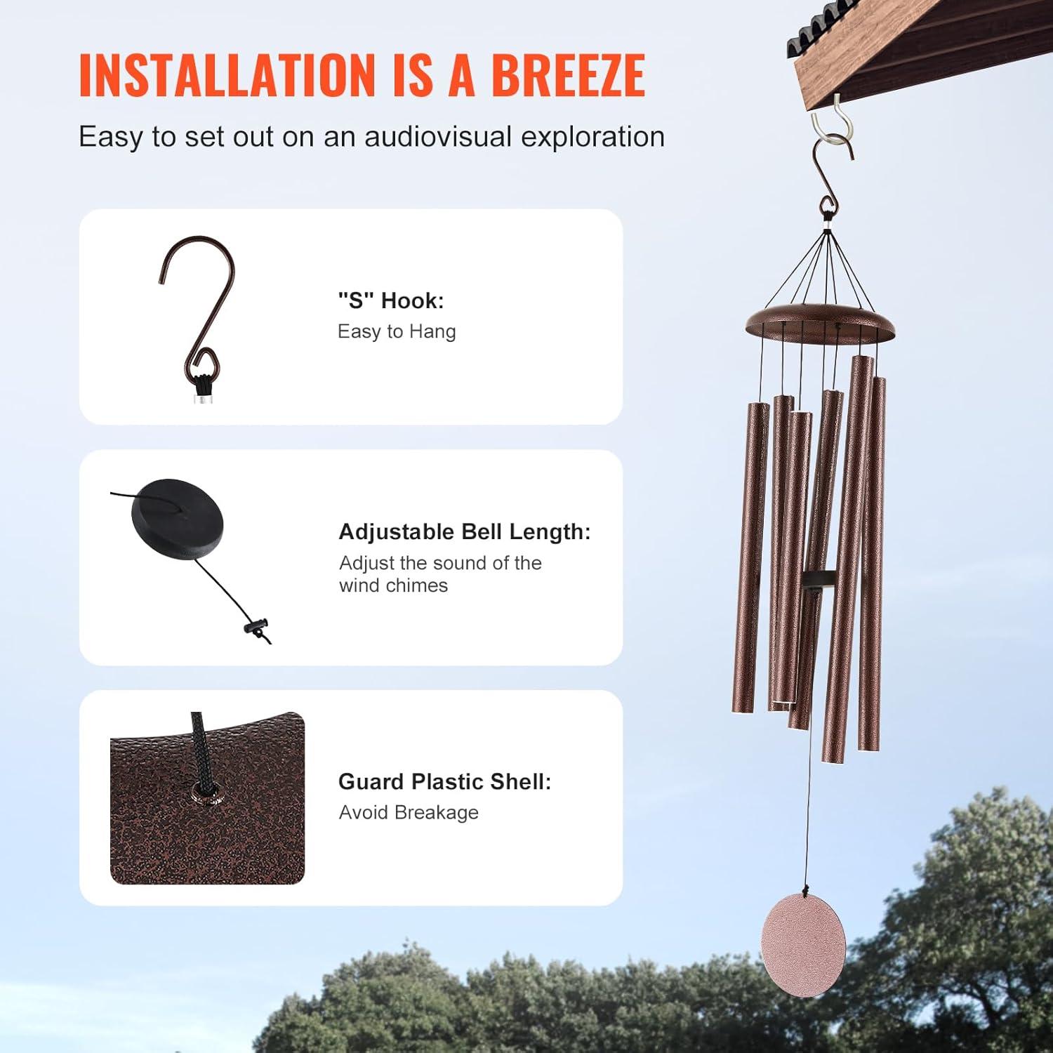 45" Bronze Deep Tone Memorial Wind Chimes with 6 Aluminum Tubes