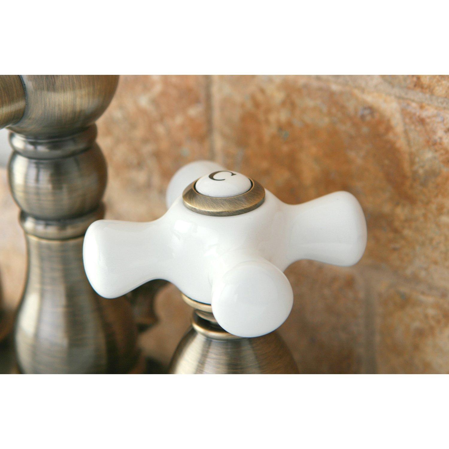 Kingston Brass Heritage Two-Handle 3-Hole Deck Mount 4" Centerset Bathroom Faucet with Plastic Pop-Up