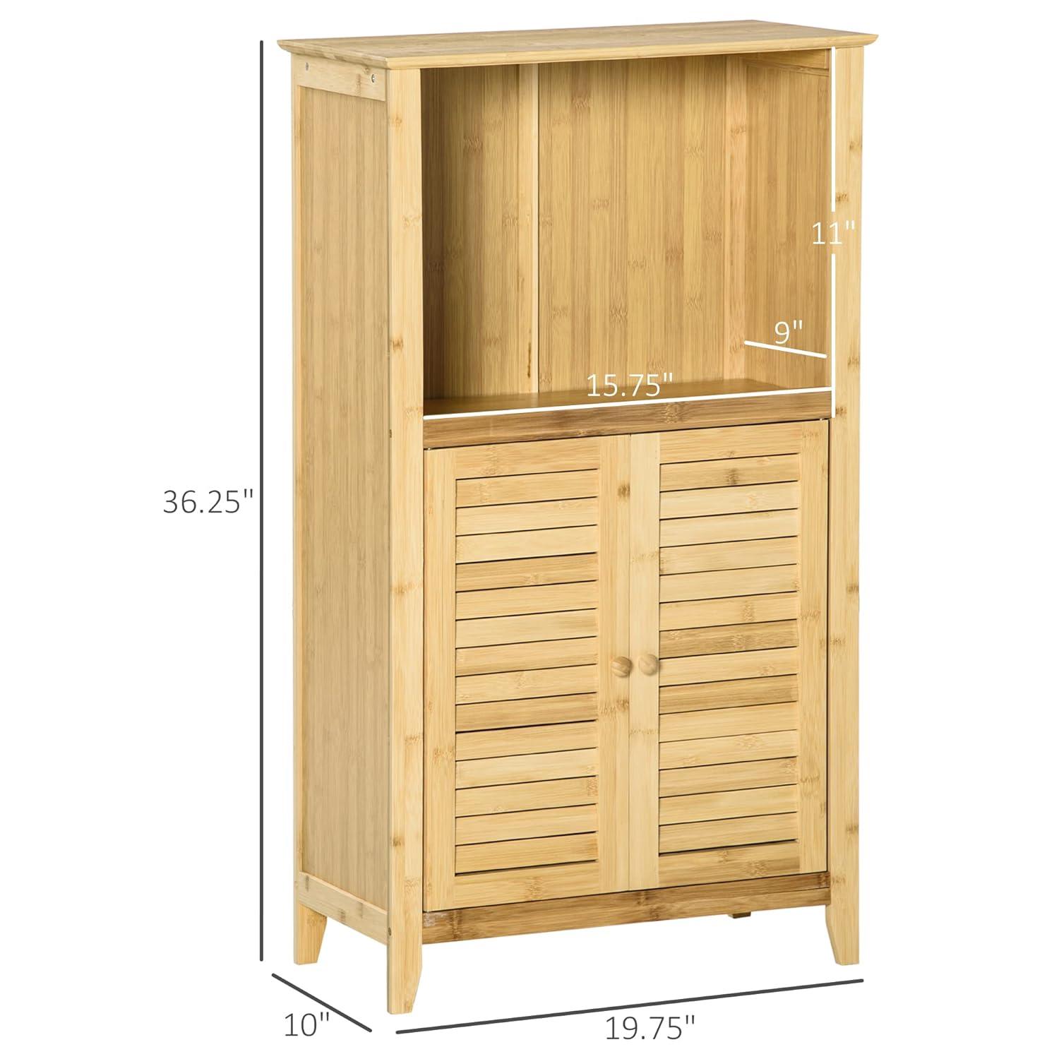 HOMCOM Bamboo Floor Cabinet Bathroom Floor Cabinet Living Room Organizer Tower with Multiple Shelves and Doors, Natural