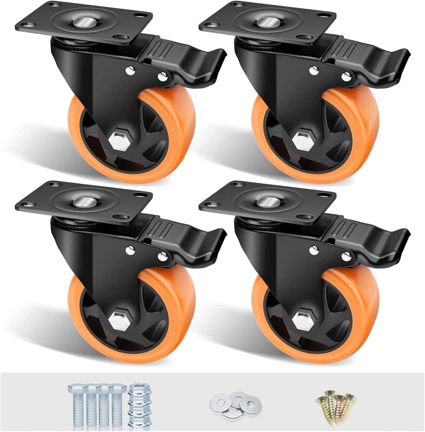 4-Inch Heavy Duty Orange Polyurethane Swivel Caster Wheels with Brake, Set of 4