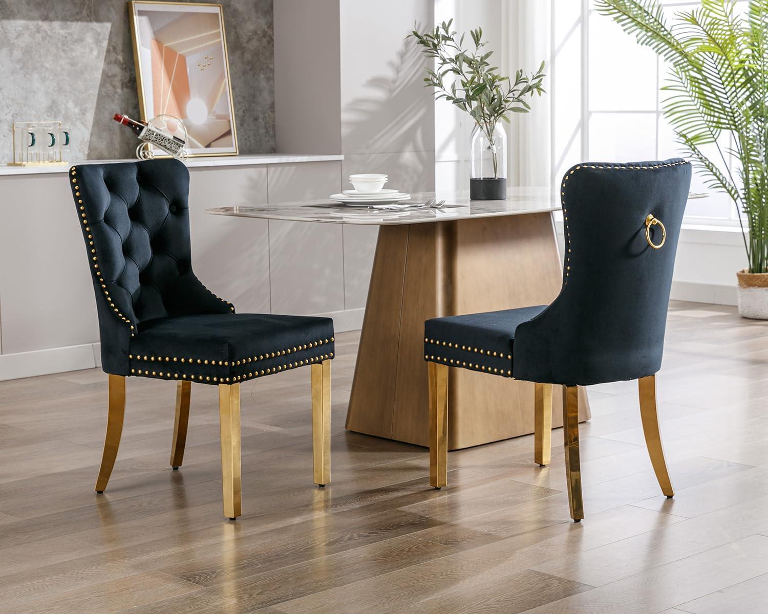 ODUSE-DAILY Black Velvet Dining Chairs Set of 6, Kitchen & Dining Room Chairs, Nailheads Tufted, Sillas De Comedor, Fabric Upholstered, Golden Metal Legs (Black, 6 Pcs)