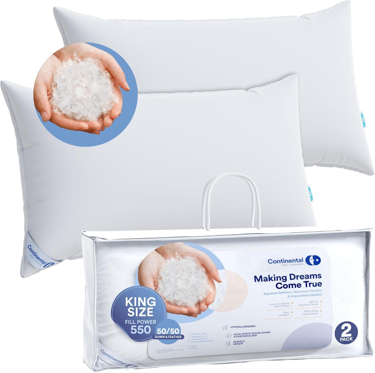 Continental Bedding 50% White Goose Down and 50% White Goose Feather Blend - King Size Pillow - Set of 2