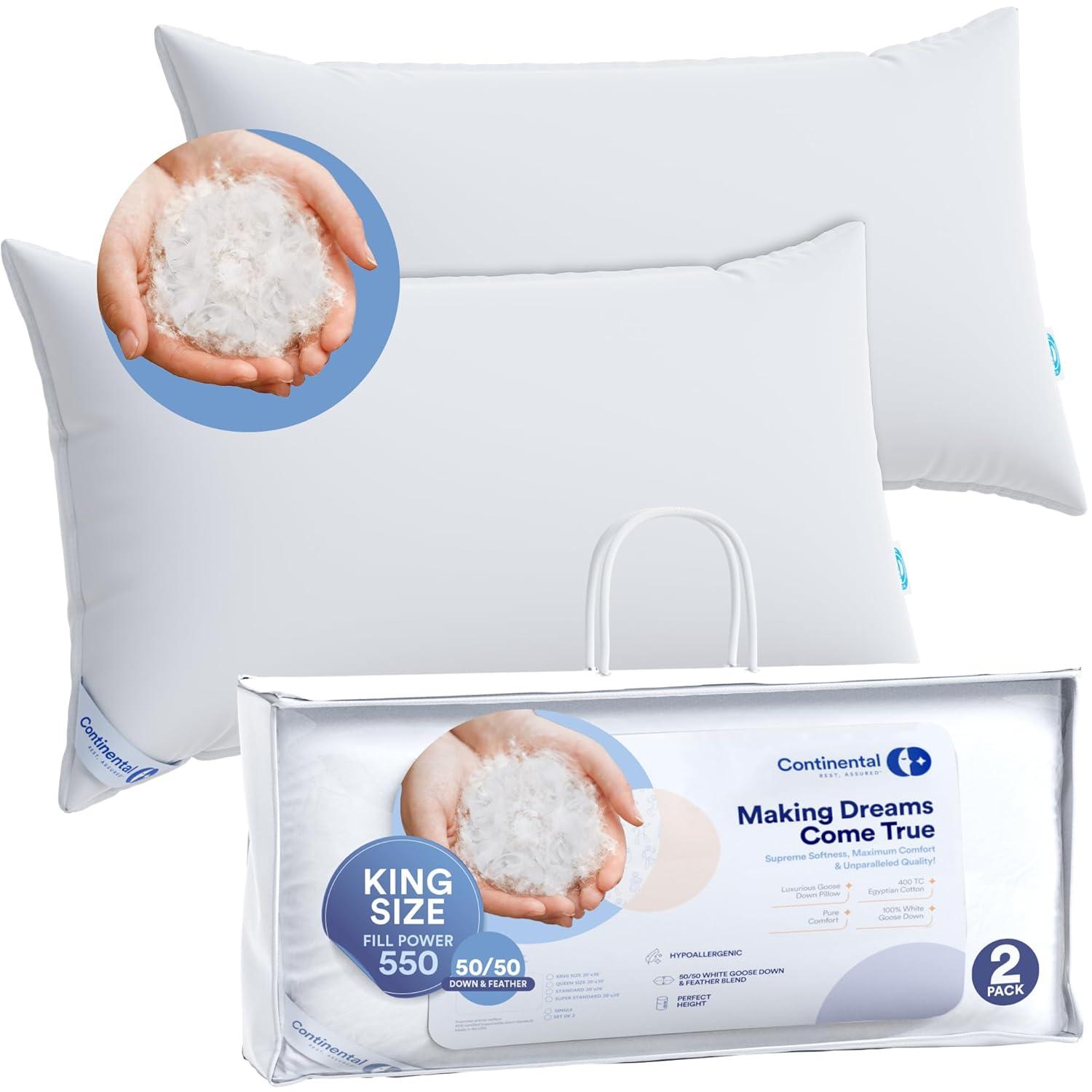 Continental Bedding 50% White Goose Down and 50% White Goose Feather Blend - King Size Pillow - Set of 2
