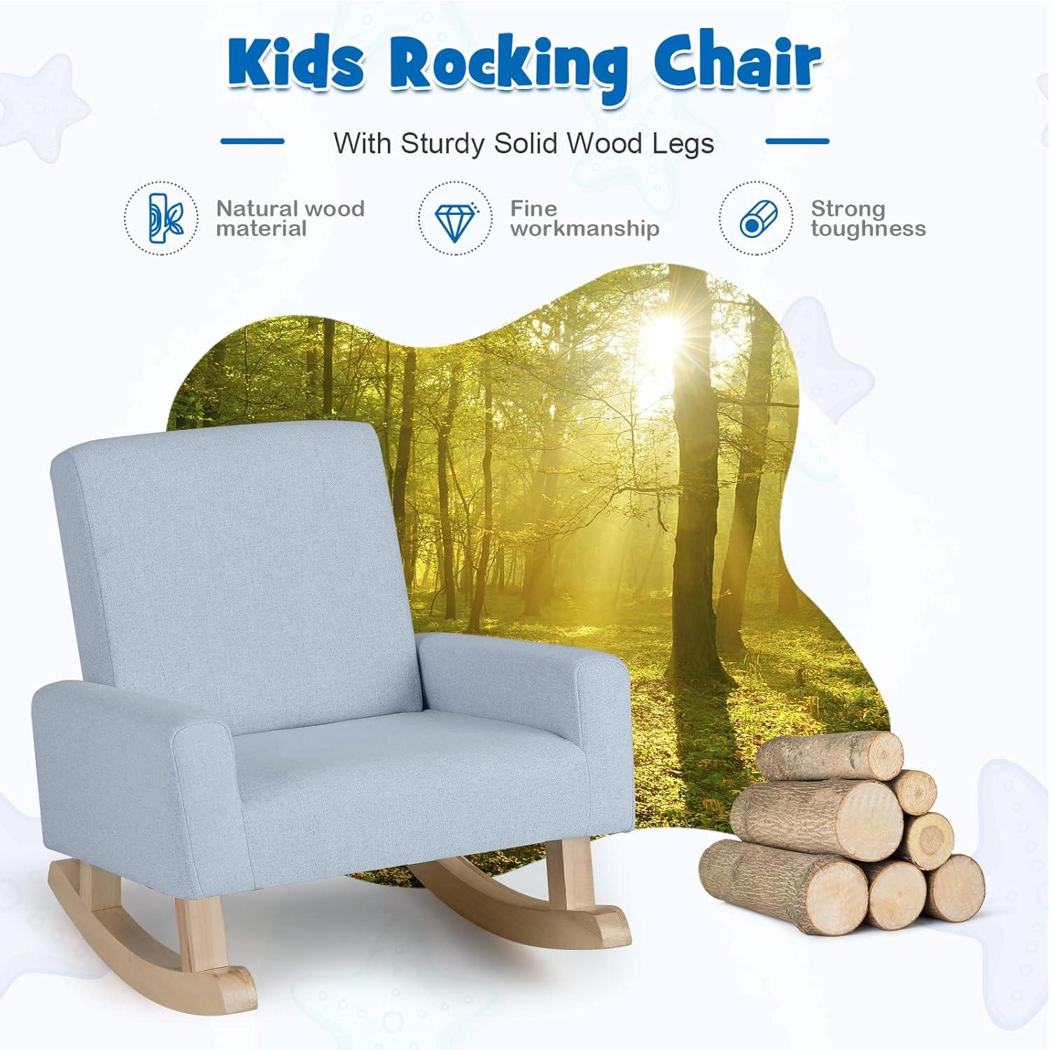 Gymax Kids Rocking Chair Children Armchair Linen Upholstered Sofa w/ Solid Wood Legs Blue