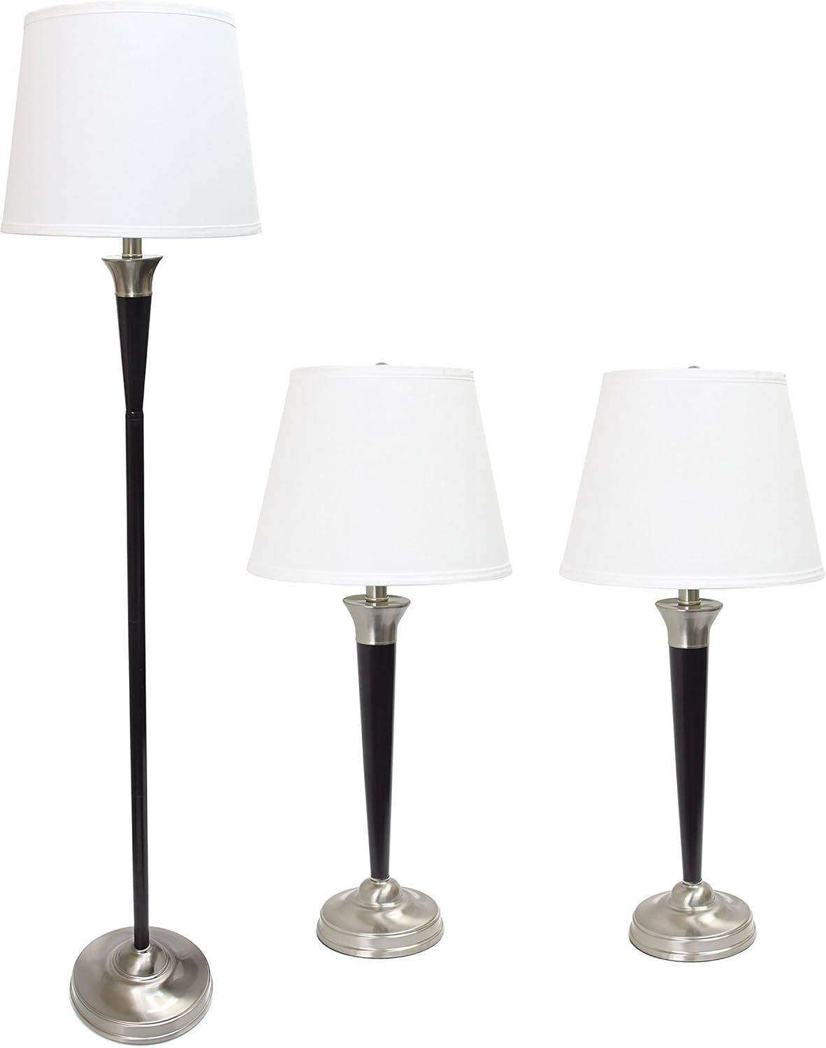 Malbec Black and Brushed Nickel 3-Piece Lamp Set with Cream Shades