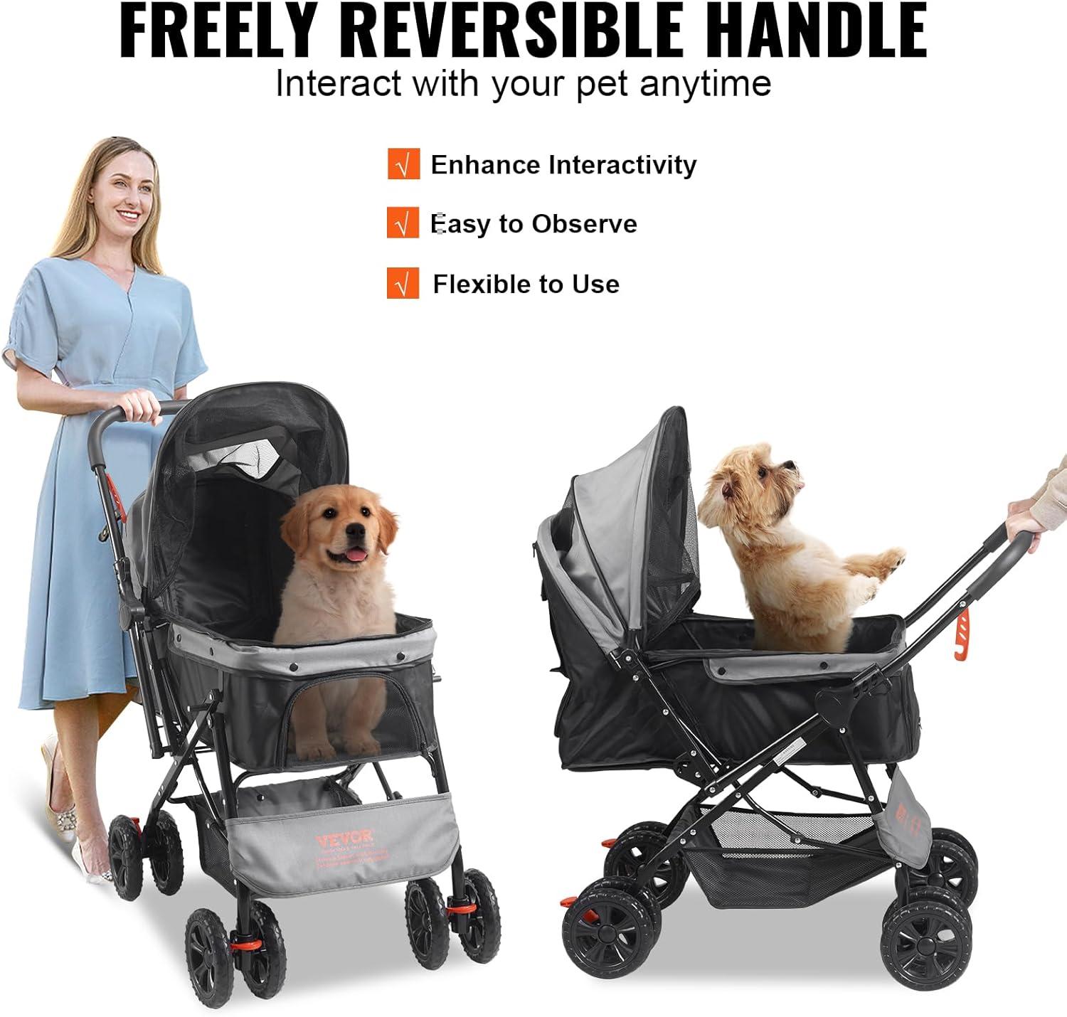 VEVOR Foldable Black and Gray Pet Stroller with Reversible Handle