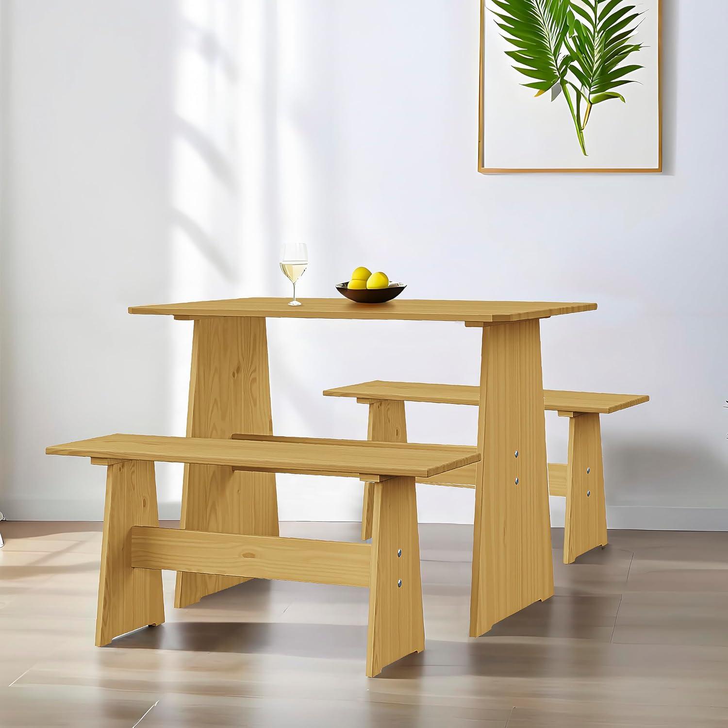 Natural Pine 3-Piece Dining Set with Benches