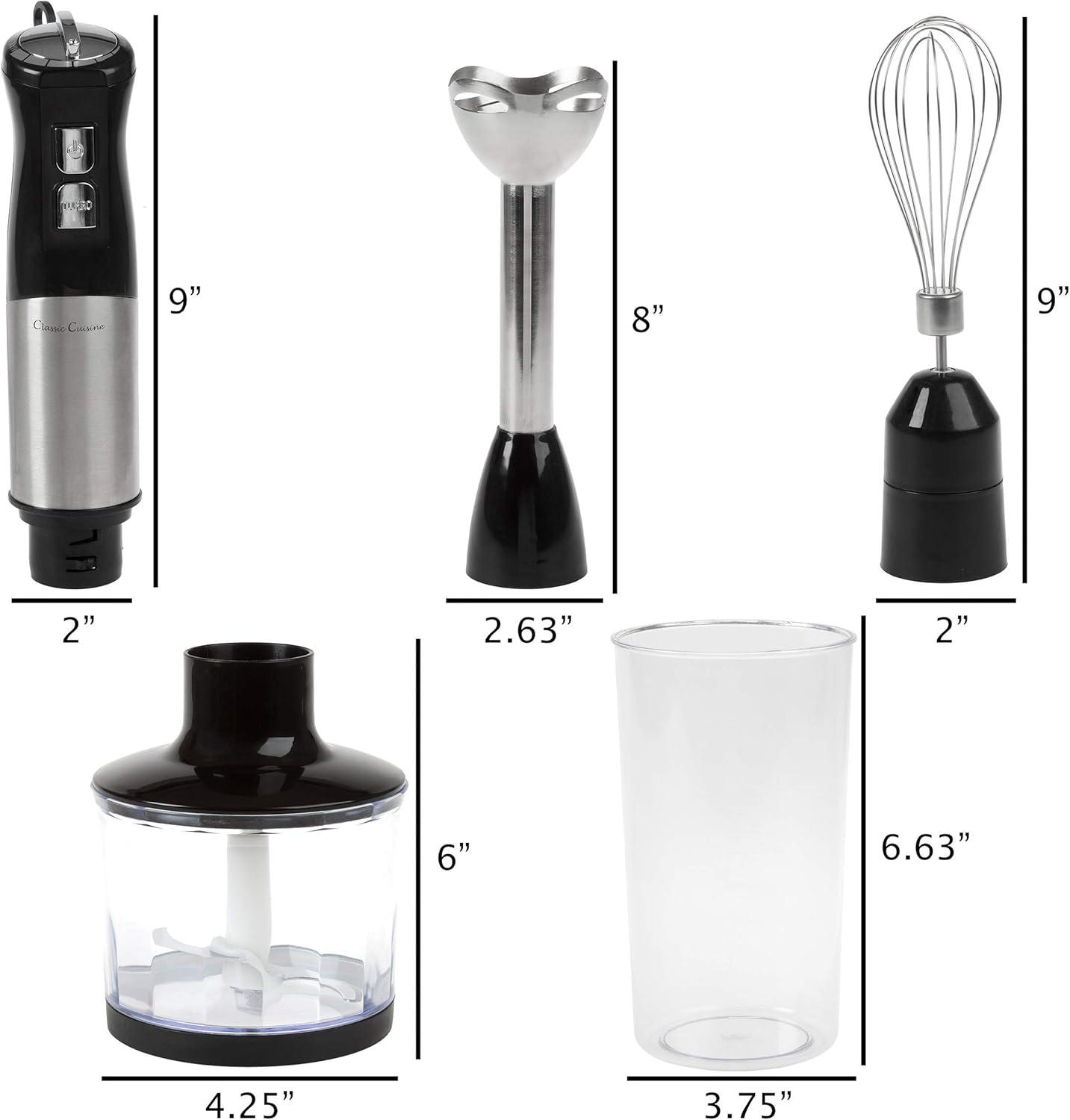 6-Speed Immersion Blender - 4-in-1 Hand Mixer with Whisk, Food Processor Cup, and 32oz Beaker for Soup, Smoothies, and More by Classic Cuisine (Black)