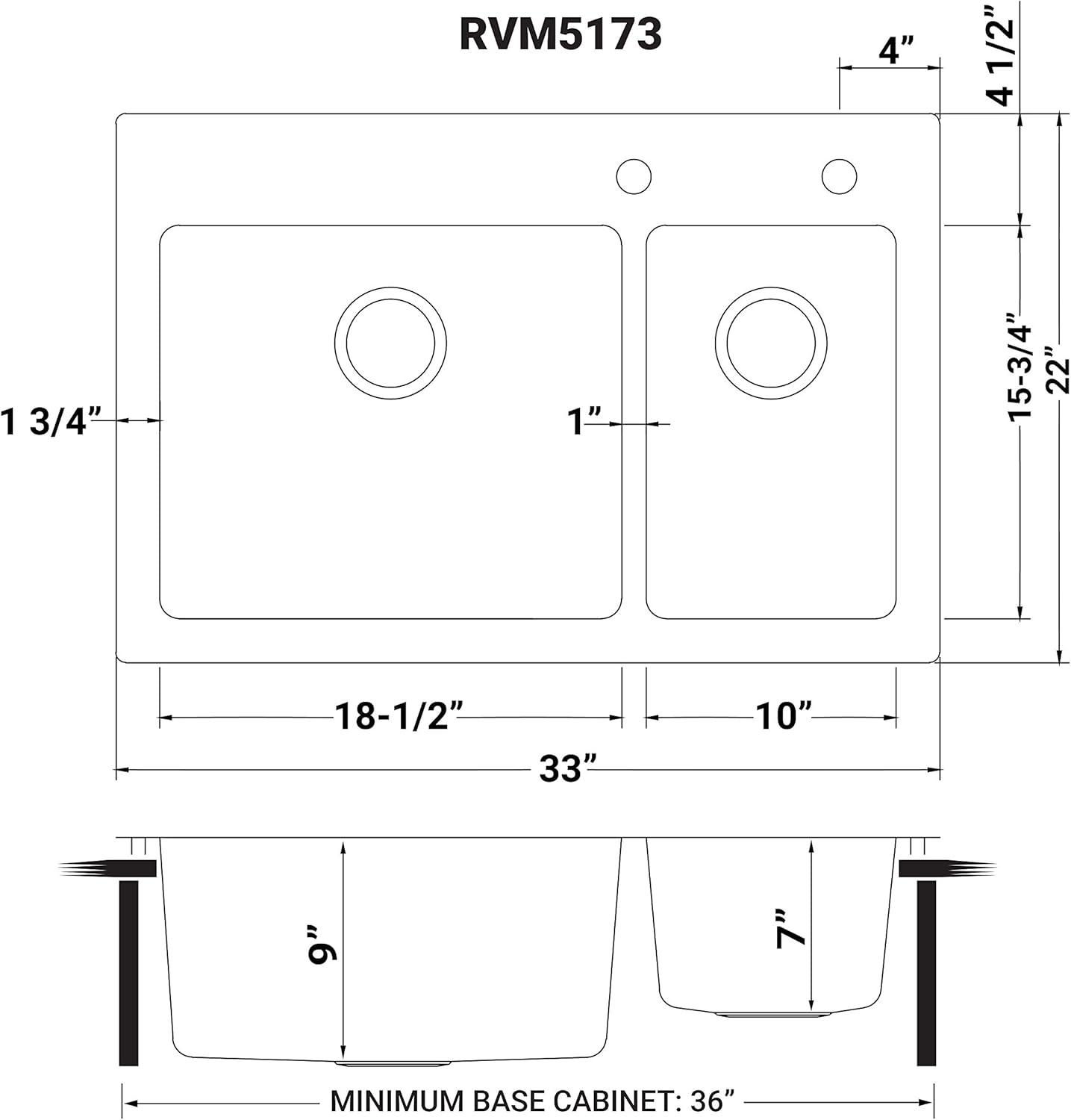 Ruvati 33 x 22 inch Drop-in Topmount Kitchen Sink 16 Gauge Stainless Steel 30/70 Double Bowl