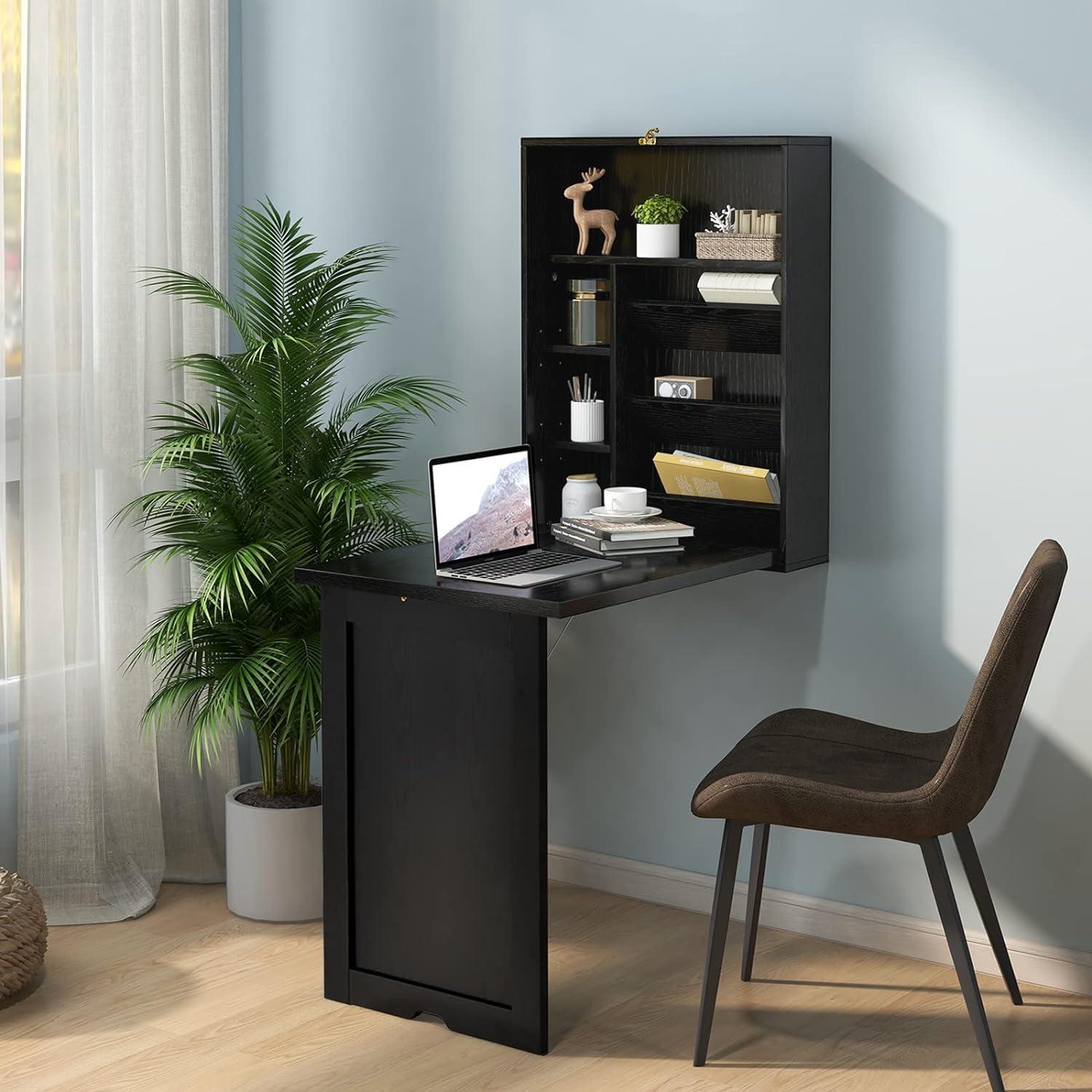 Wall Mounted Desk, Wood Collapsible Floating Desk, Convertible Computer Desk with Storage Area, Hanging Fold Out Table for Home Office, Small Spaces (Black)