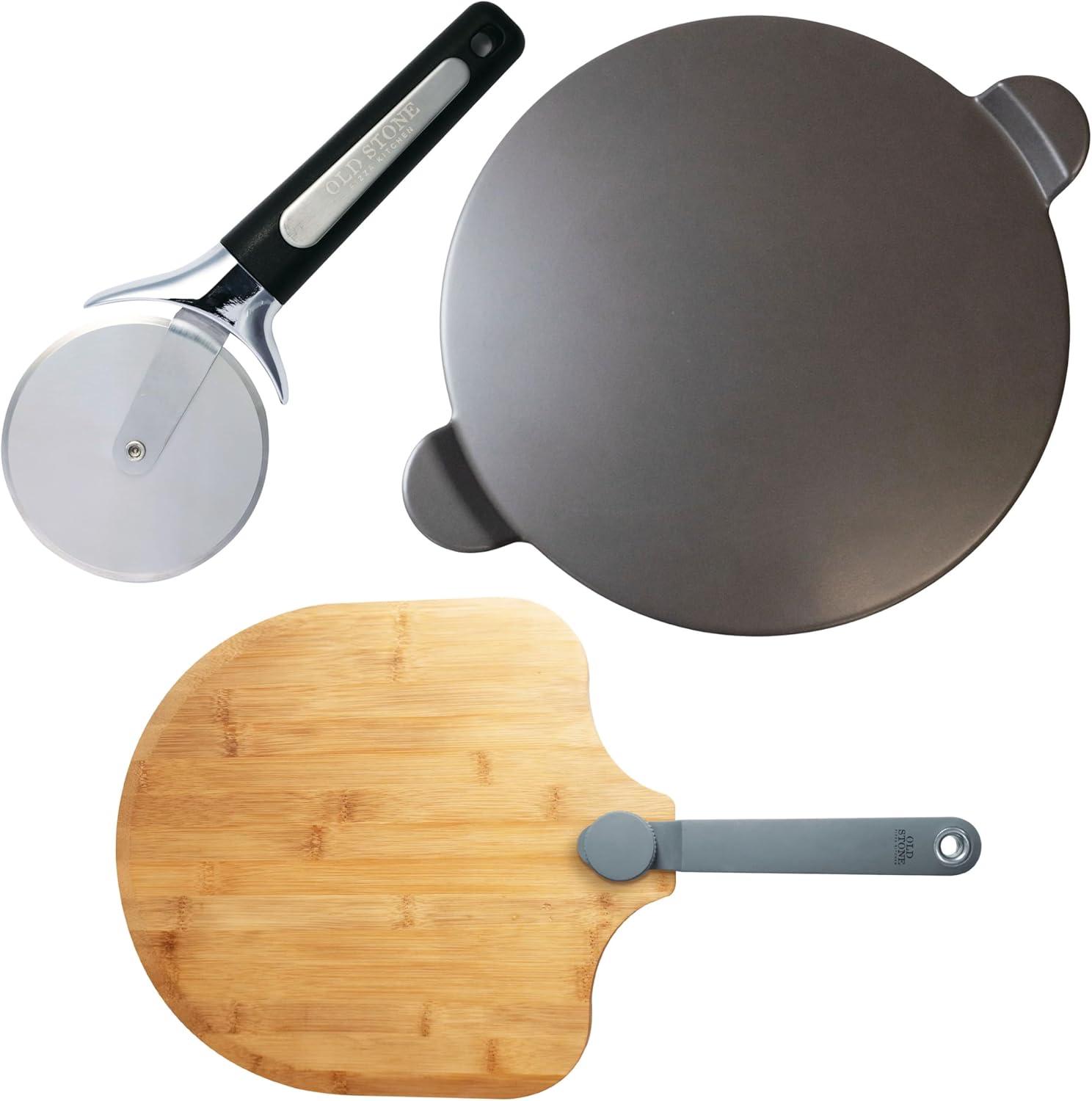 Old Stone Pizza Kitchen Glazed Pizza Stone, Bamboo Peel, and Pizza Cutter 3 Piece Set