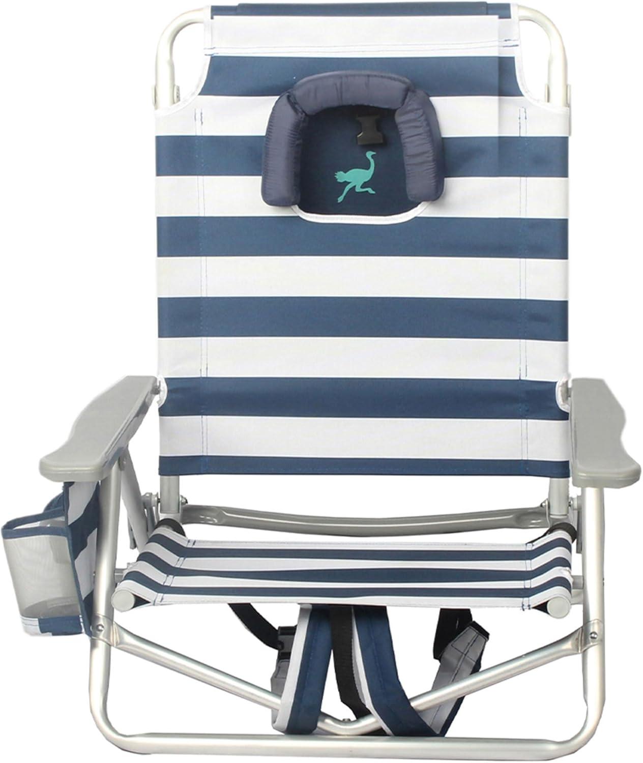 Ostrich On-Your-Back Sand Chair, Beach Reclining Lawn Chair w/Backpack Straps, Outdoor Furniture for Pool, Camping, or Backyard, Blue Stripe