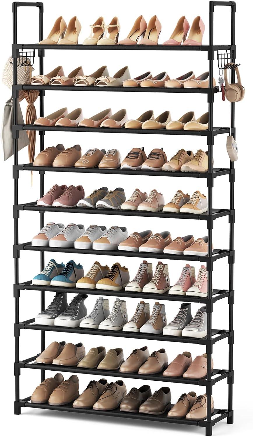 Black 10-Tier Metal and Fabric Shoe Rack with Hooks